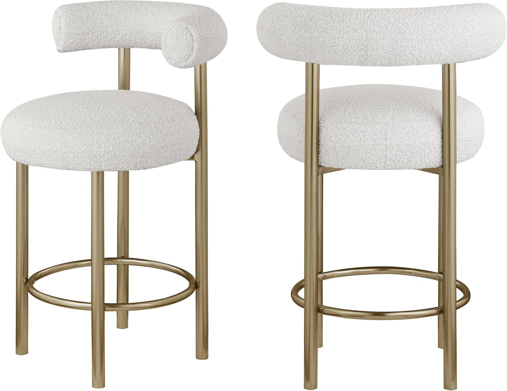 Meridian Furniture 547Cream-C Bordeaux Collection Modern | Contemporary Boucle Fabric Stool, Rich Cream Boucle Fabric, Brushed Brass Finish, Iron Metal Frame, 23" W X 22" D X 35.5" H, Cream, Set of 2