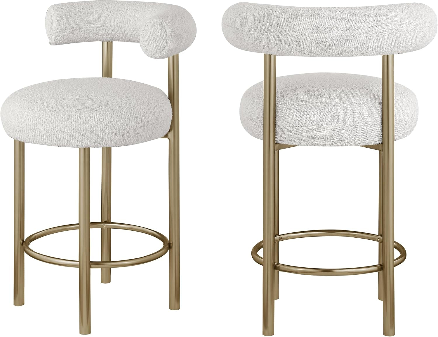 Meridian Furniture 547Cream-C Bordeaux Collection Modern | Contemporary Boucle Fabric Stool, Rich Cream Boucle Fabric, Brushed Brass Finish, Iron Metal Frame, 23" W X 22" D X 35.5" H, Cream, Set of 2