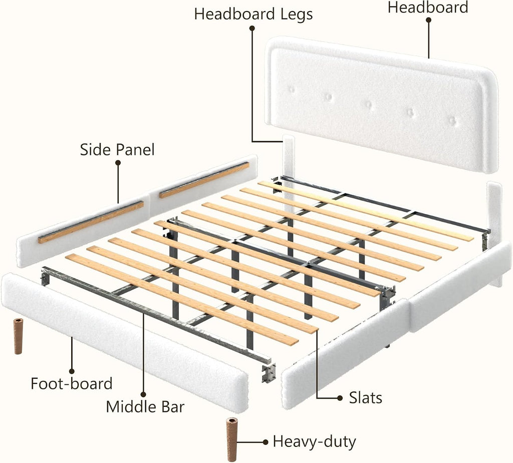 King Size Boucle Bed Frame with Adjustable Headboard, Cloud Boucle Upholstered Platform Bed Frame, Rounded Corners Design & Easy Assembly, Box Spring Optional, Noise Free, White