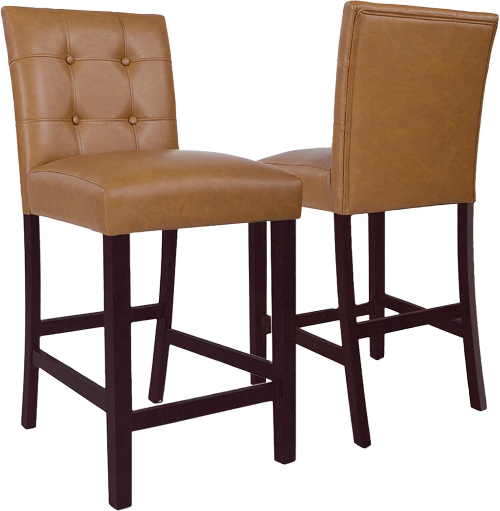 Button Tufted Counter Stool, 24-Inch, Carmel Faux Leather (Set of 2)