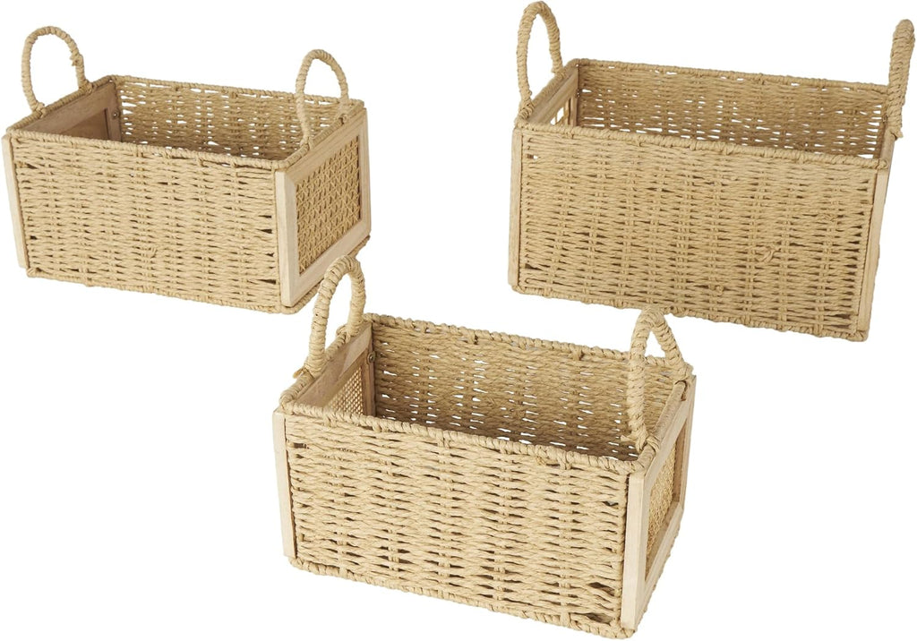 Deco 79 Rattan Decorative and Functional Storage Basket Woven Basket Organizer with Handles, Set of 3 Basket for Storage 14", 12", 11" W, Brown