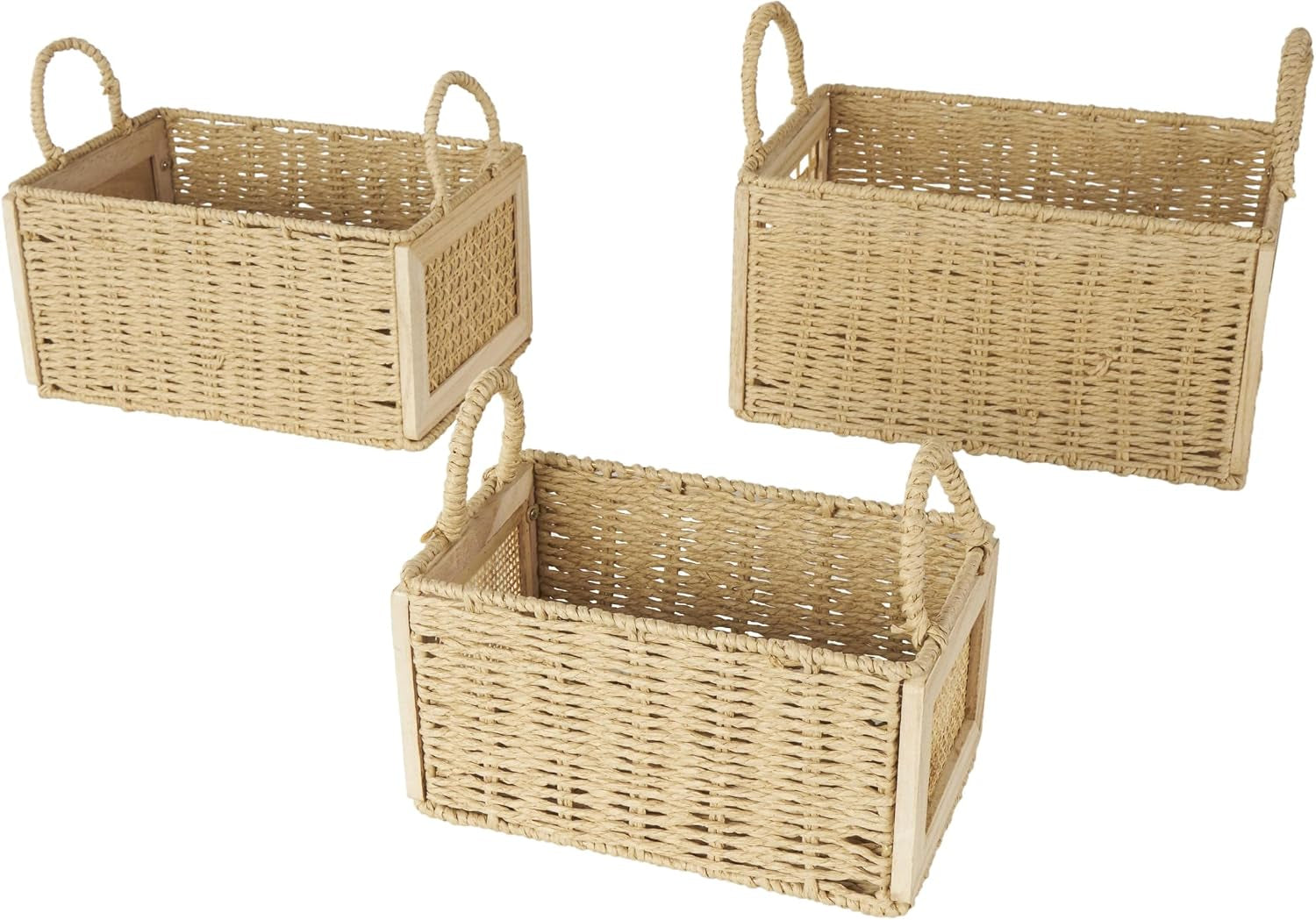 Deco 79 Rattan Decorative and Functional Storage Basket Woven Basket Organizer with Handles, Set of 3 Basket for Storage 14", 12", 11" W, Brown