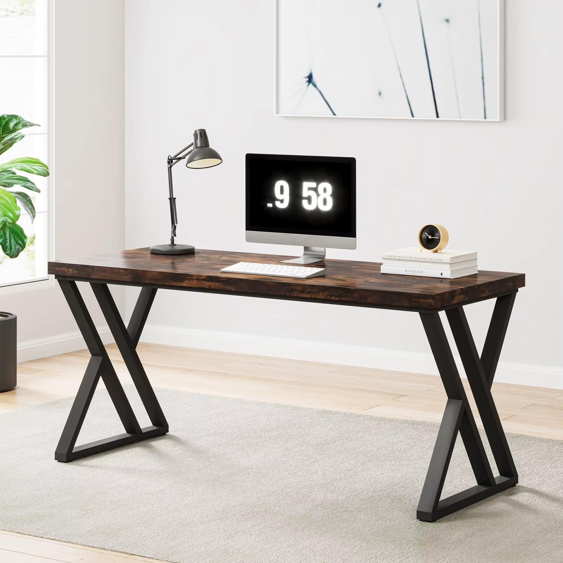 Writing Computer Desk, 55 Inch Heavy Duty Study Desk with Z-Shaped Metal Leg, Modern Simple Home Office Computer Desk