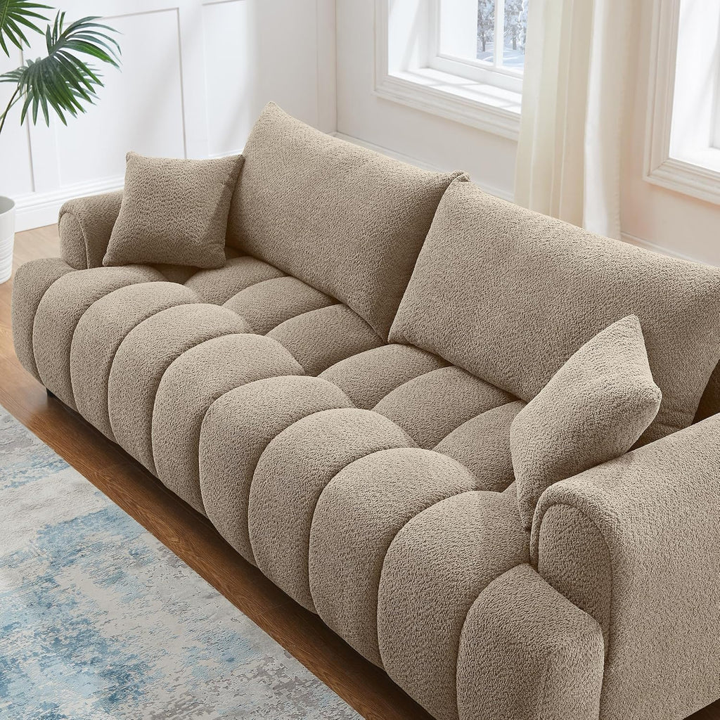 91" Boucle Tufted Sofa, 3 Seater Cloud Couch with Pillows, Camel | Upholstered Cloud Couches, Modern Deep Seat Sherpa Couch for Living Room, Bedroom, Apartment, Comfy Sofa with Back Pillows
