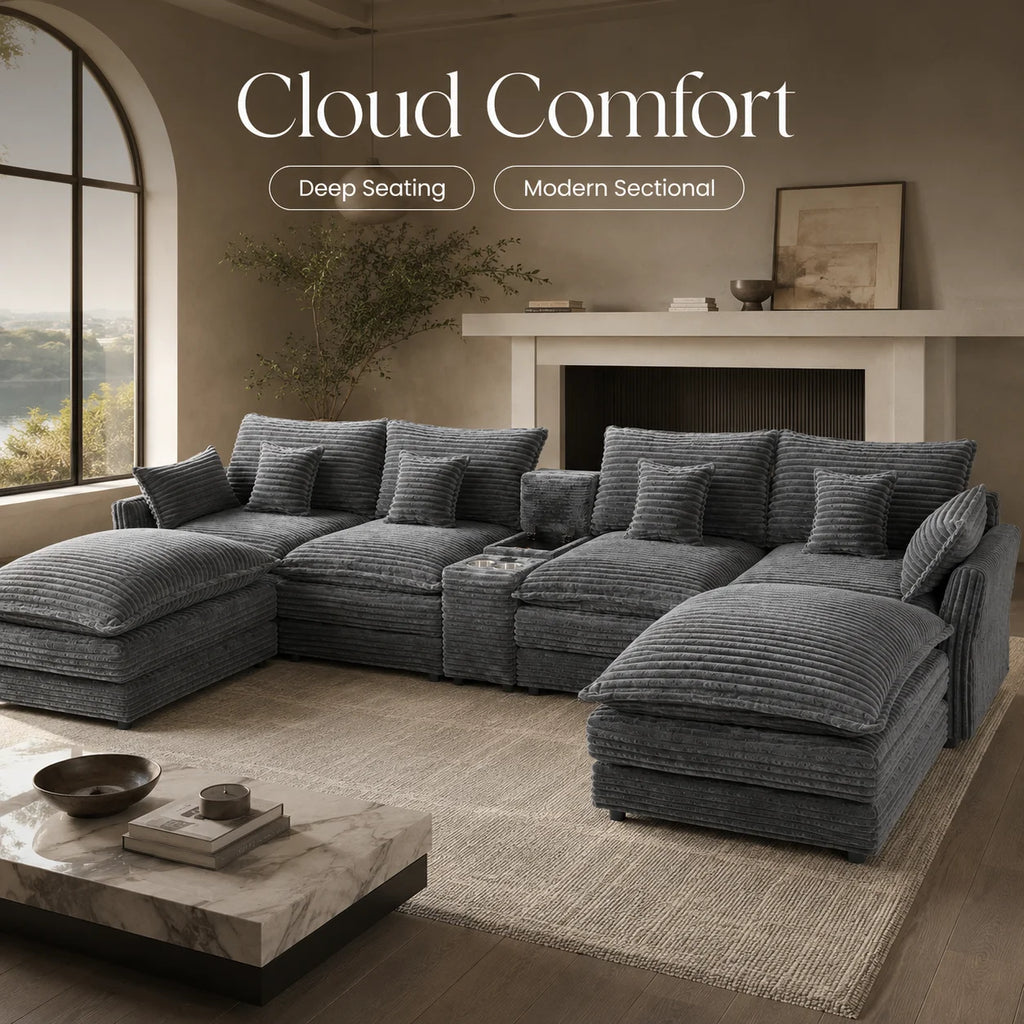 141" 7-Piece U-Shaped Sofa Set, Modular Sectional with Console, Coffee Table & 6 Pillows, for Large Living Room or Office