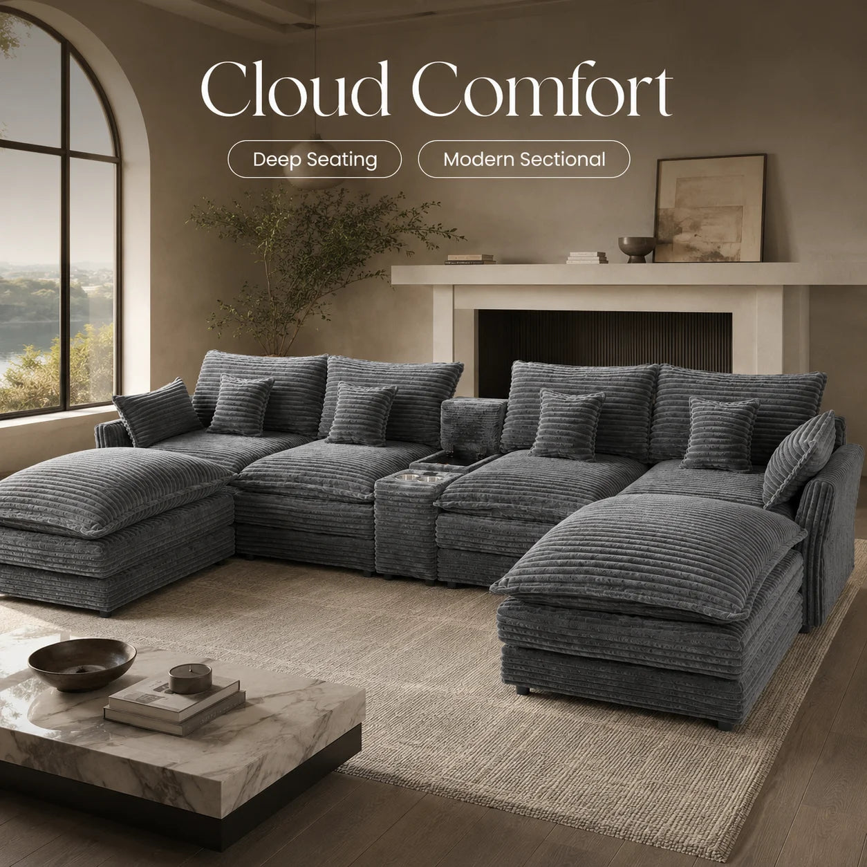 141" 7-Piece U-Shaped Sofa Set, Modular Sectional with Console, Coffee Table & 6 Pillows, for Large Living Room or Office