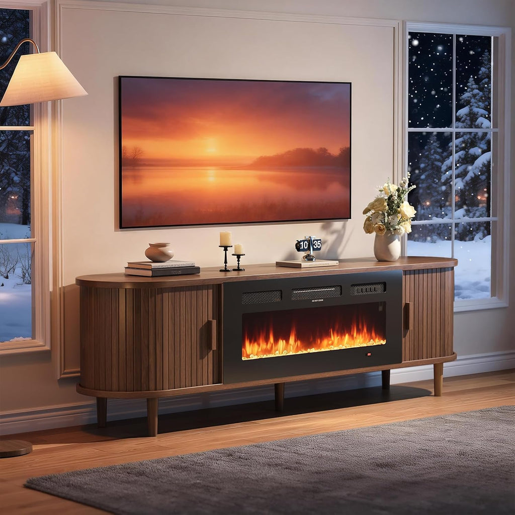 70″ Fluted Fireplace TV Stand, Mid Century Modern TV Stand with 36″ Fireplace for Tvs up to 80", Entertainment Center with Sliding Door & Solid Wood Legs, for Living Room, Walnut