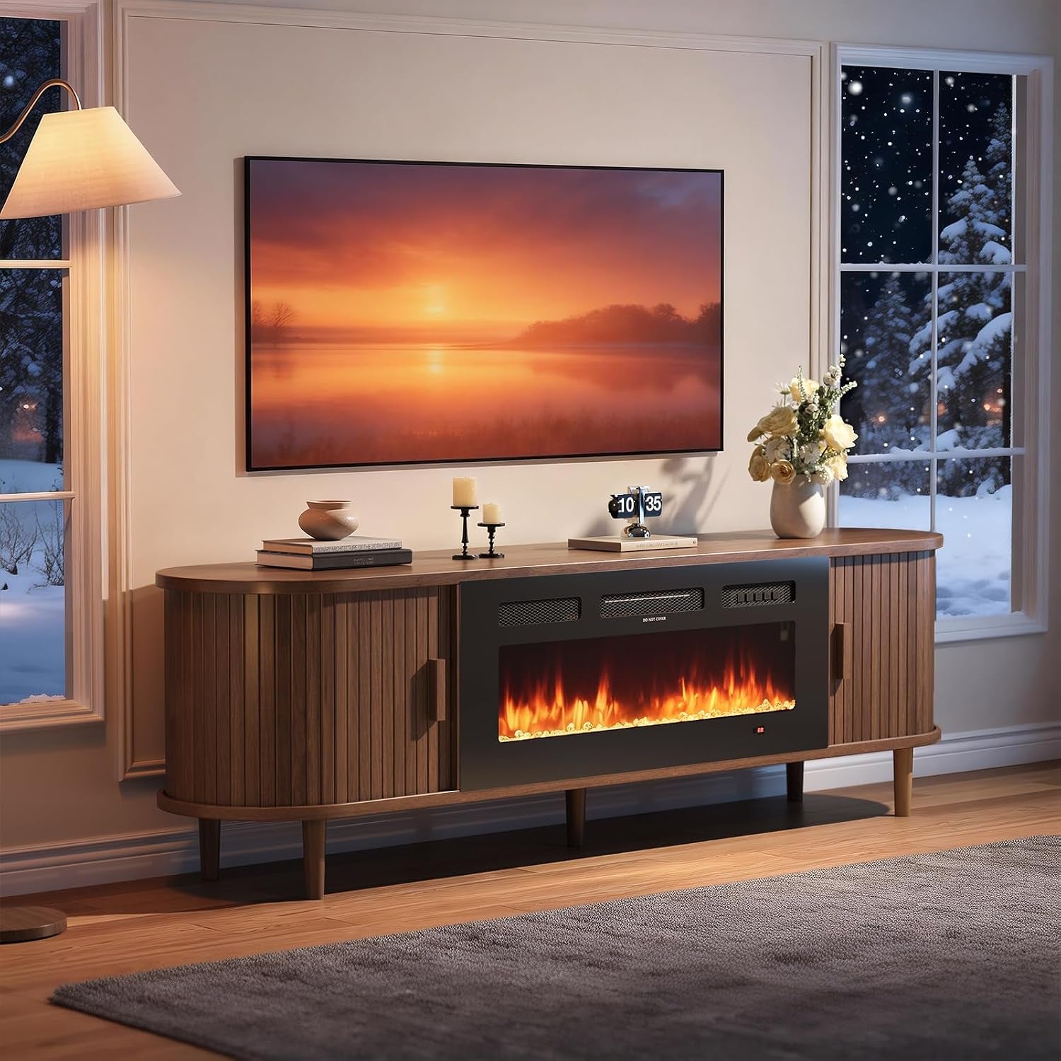 70″ Fluted Fireplace TV Stand, Mid Century Modern TV Stand with 36″ Fireplace for Tvs up to 80", Entertainment Center with Sliding Door & Solid Wood Legs, for Living Room, Walnut