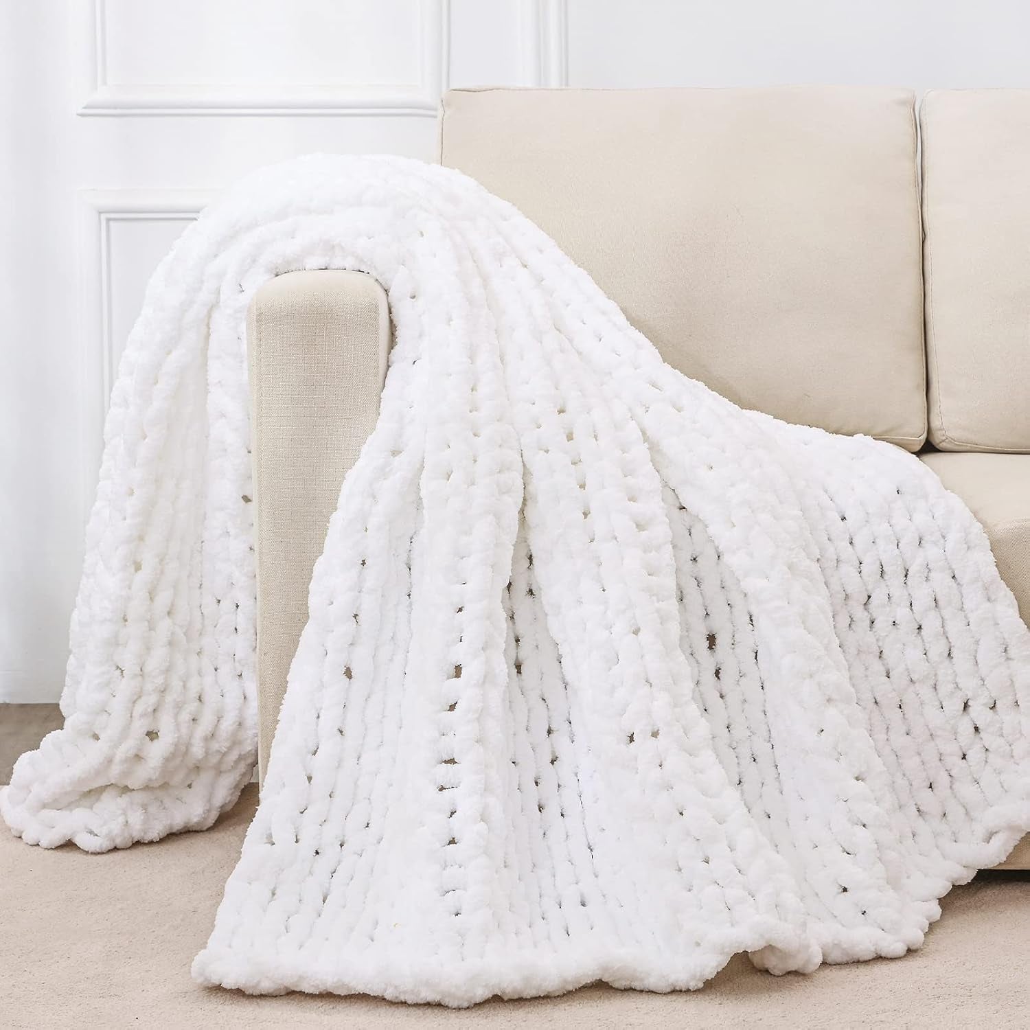 Chunky Knit Throw Blanket for Couch, 80X90 Inches, Pure White | Hand Knit with Jumbo Chenille, Soft Breathable Cable Knit for Sofa Bed Living Room, Machine Washable, Gift for Mom Friend