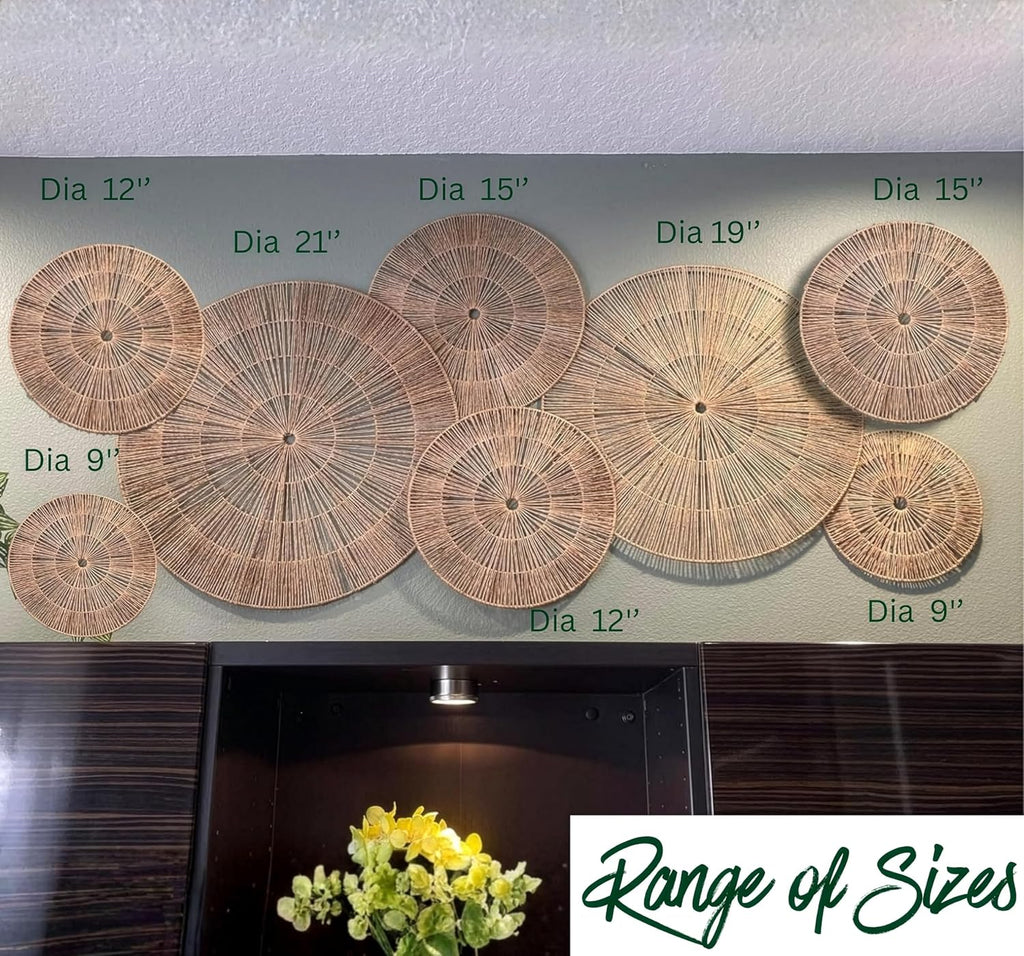 Extra Large 21 Inch Boho Woven Basket Wall Decor Set of 8 | Hanging Woven Boho Wall Baskets Decor Set (21, 19, 15, 15, 12, 12, 9, 9) | Decorative Wall Baskets Decor | Wicker Basket Wall Decor