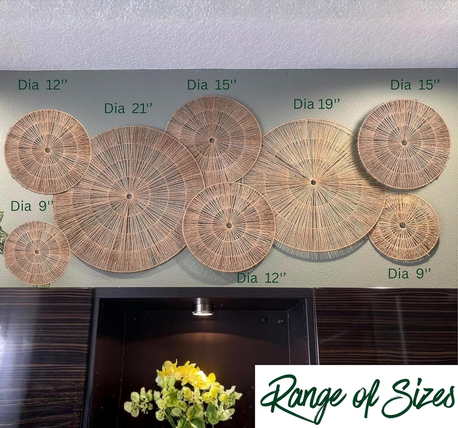 Extra Large 21 Inch Boho Woven Basket Wall Decor Set of 8 | Hanging Woven Boho Wall Baskets Decor Set (21, 19, 15, 15, 12, 12, 9, 9) | Decorative Wall Baskets Decor | Wicker Basket Wall Decor
