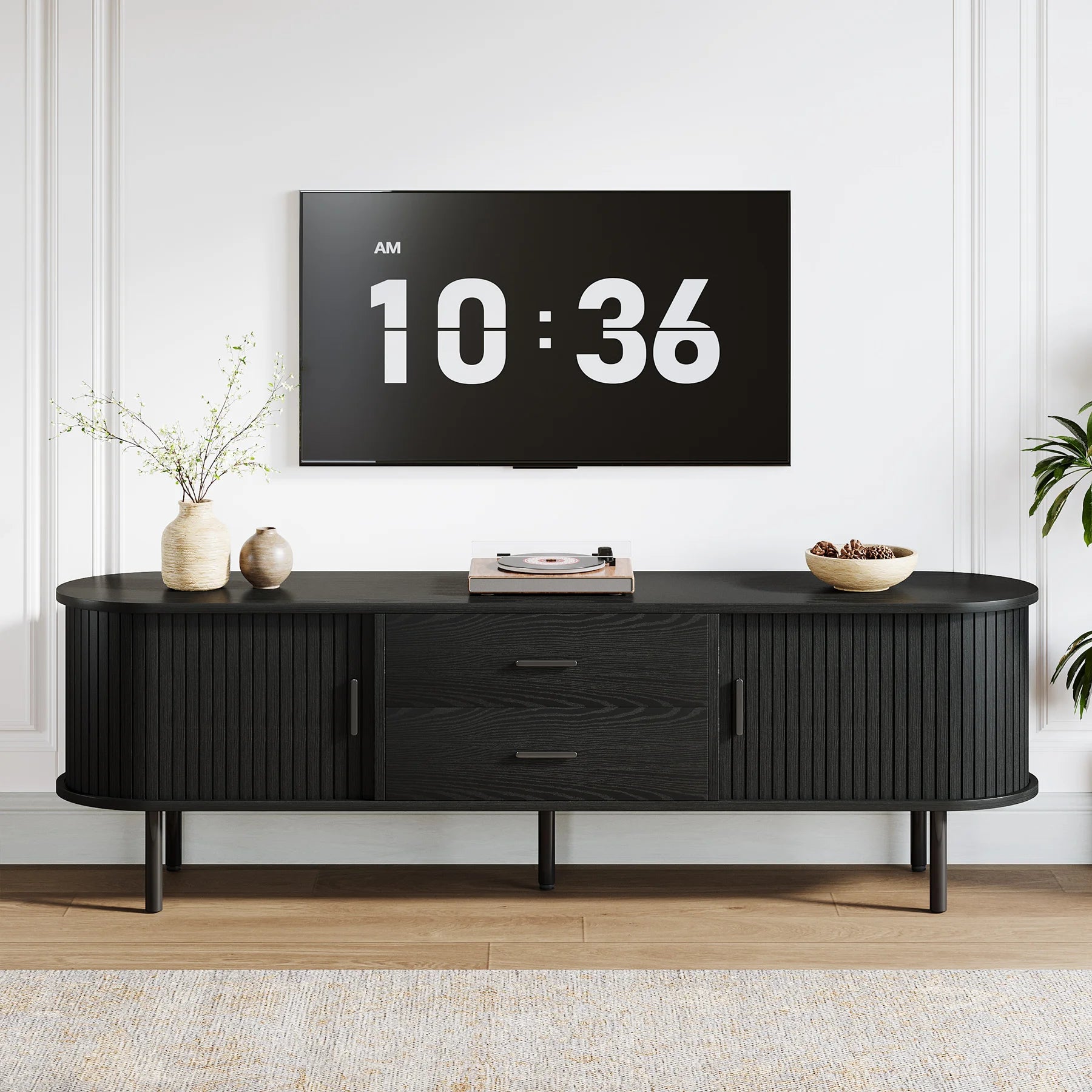 70" Mid-Century Modern TV Stand with Sliding Tambour Door, Drawers and Adjustable Shelves, Long Fluted Entertainment