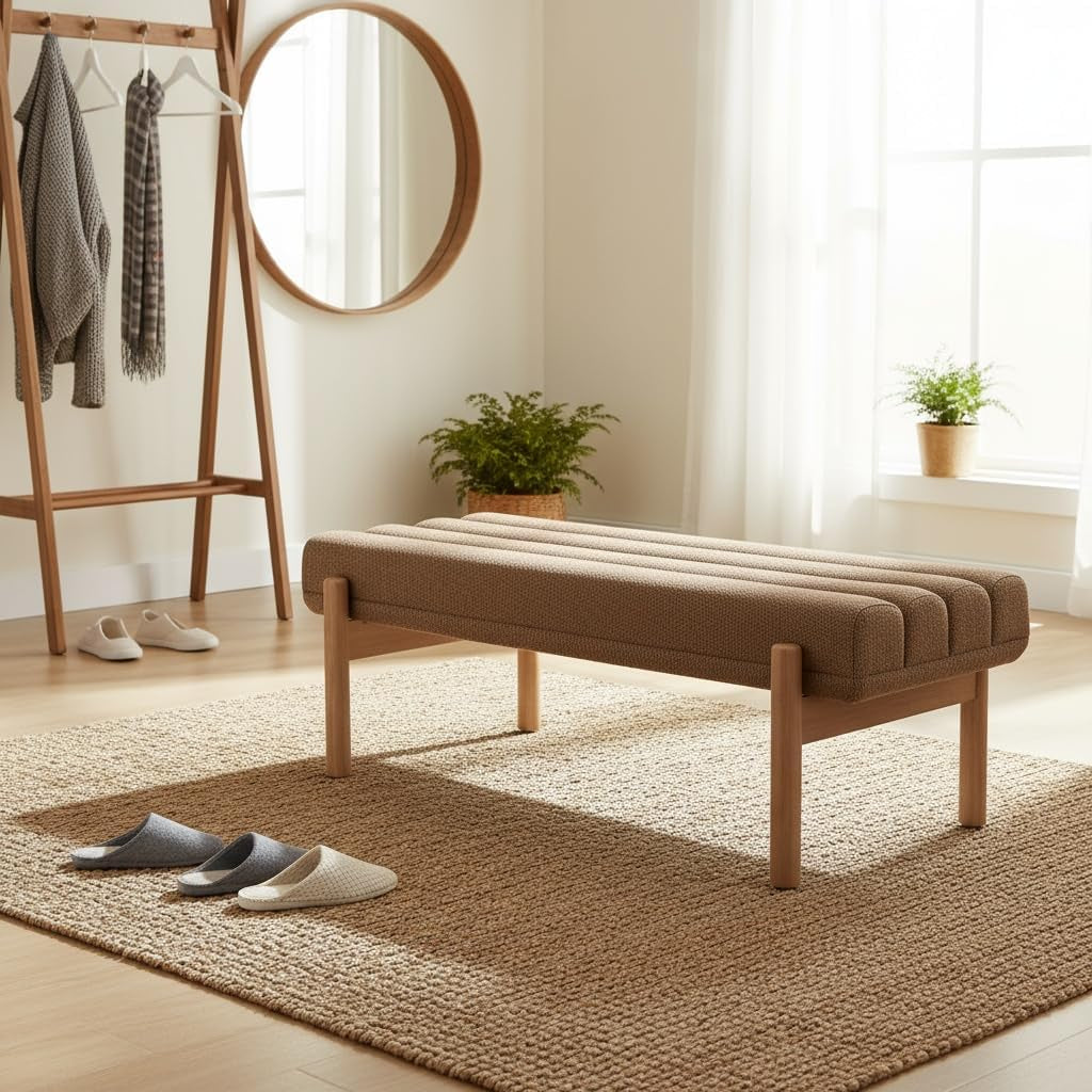 47" Upholstered Entryway Bedroom Bench End of Bed, Modern Brown Chenille Tufted Bedroom Indoor Bench with Wood Natural Finish, Entry Ottoman Bench for Hallway Window Dining Living Room