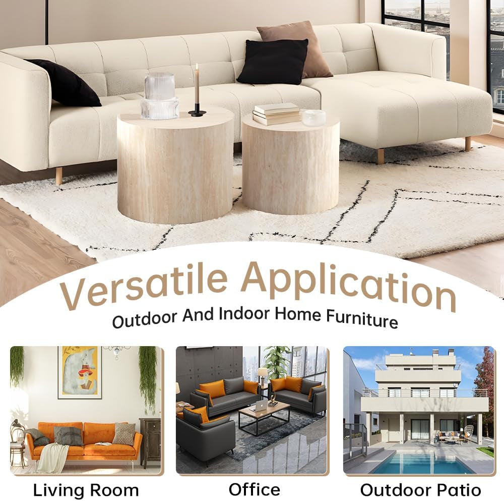 18" round Travertine Nesting Coffee Table Set of 2 (Travertine) | for Living Room, Travertine Side End Table, Nested Design, Mid Century Modern Circular Style, Non-Slip Pads, for Small Spaces