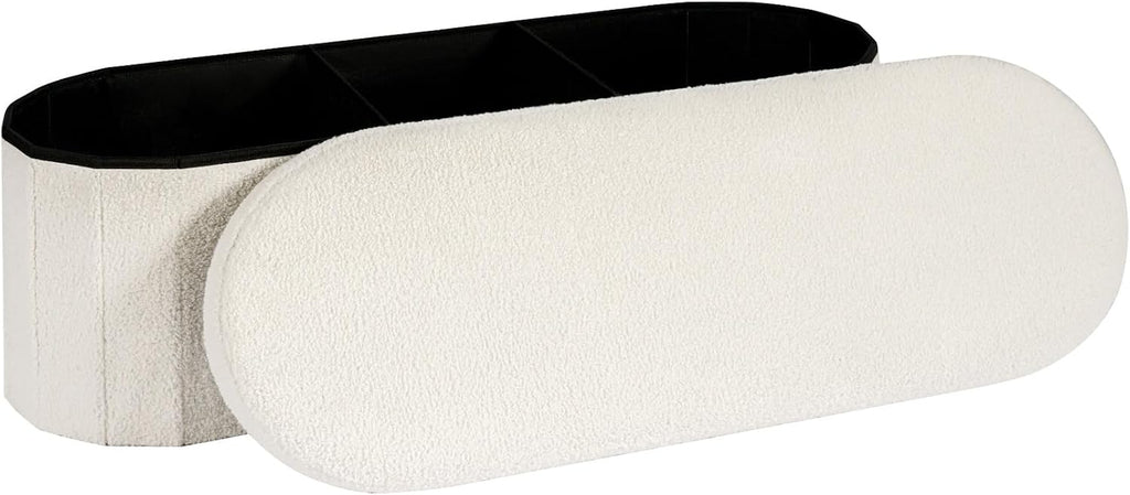43.3 Inches Foldable Storage Ottoman Bench, Oval Footrest | Teddy Boucle Fabric, Hidden Storage, Soft Padded Seat, End of Bed Bench for Bedroom, Living Room and Entryway, White