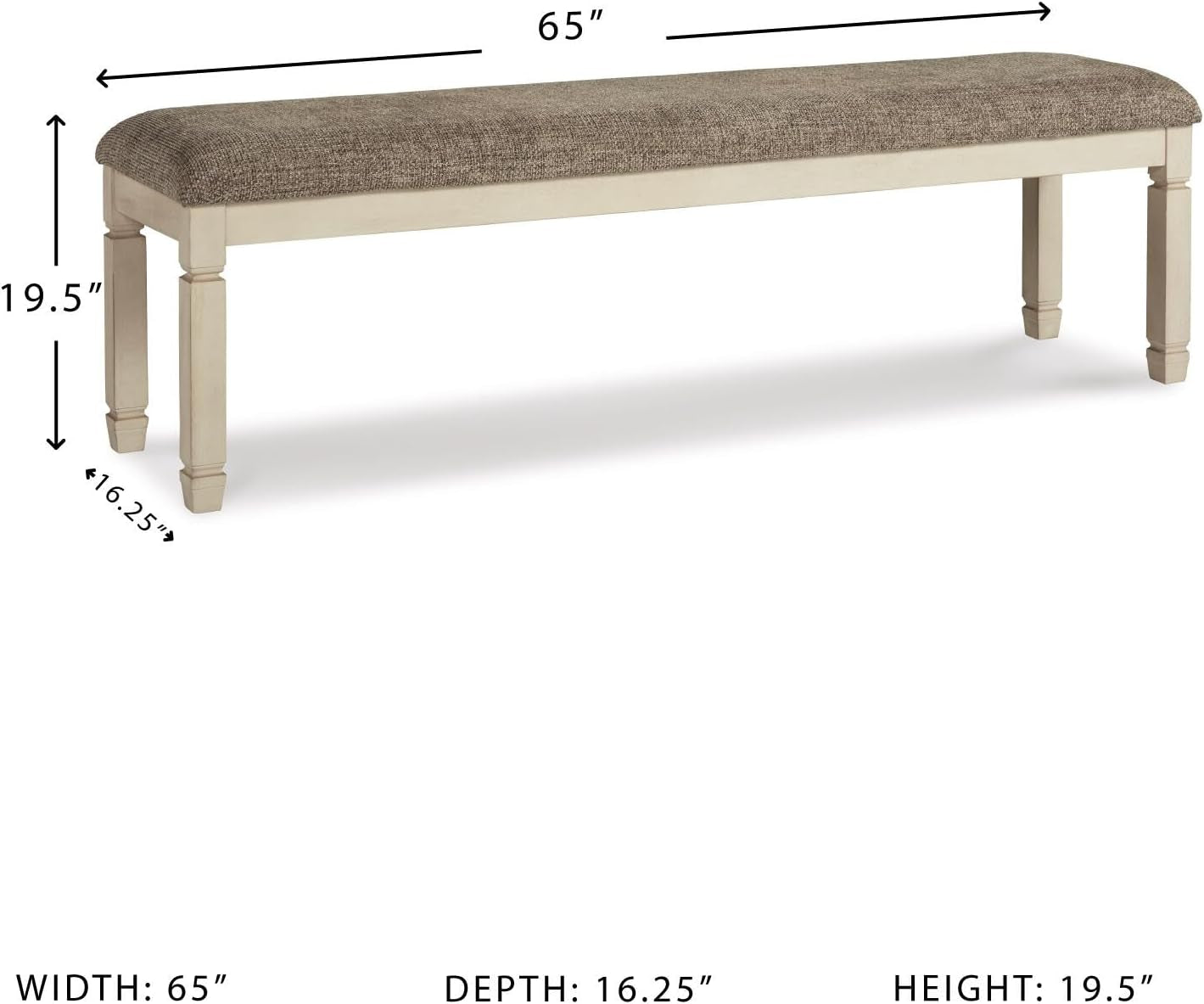 Signature Design by Ashley Bolanburg 65" Farmhouse Upholstered Dining Bench | Plush Foam Cushion for Cozy Seating, Antiqued White Wood, Veneer and Engineered Wood Base, Space-Saving Backless Profile