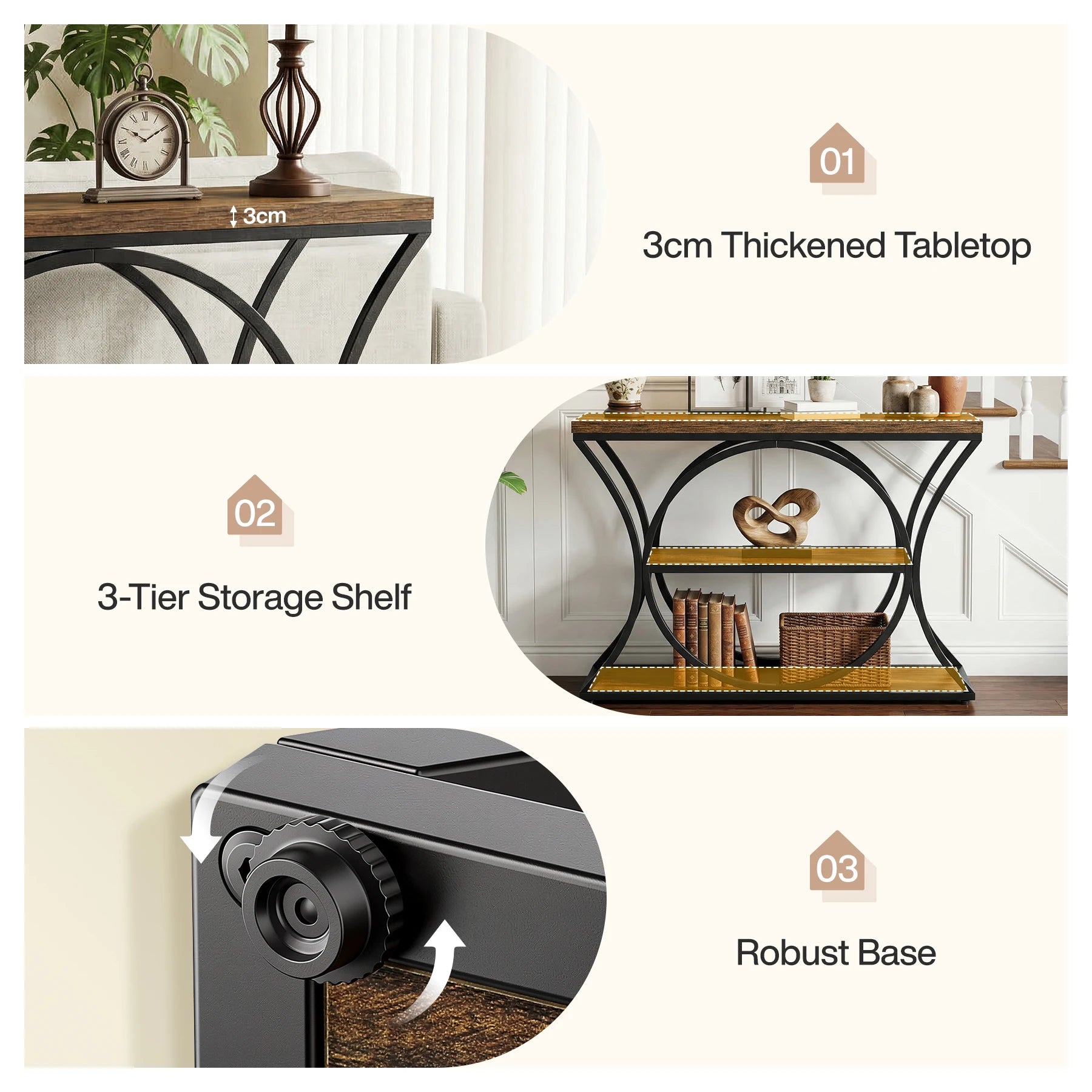 43.34-Inch Industrial Console Table, 3-Tier Sofa Table with Arched Metal Frame, Narrow Accent Entryway Tables with Storage Shelf for Living Room, behind Couch, Hallway, Foyer, Small Spaces