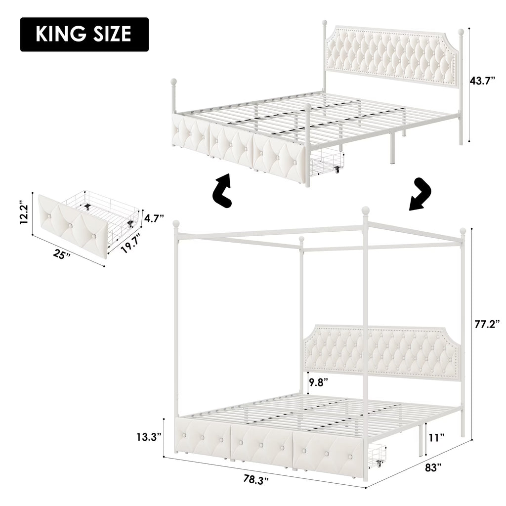 King Bed Frame with 3 Drawer, Canopy Bed Frame with Storage & Upholstered Headboard for Bedroom, Curtain Not Included, Beige