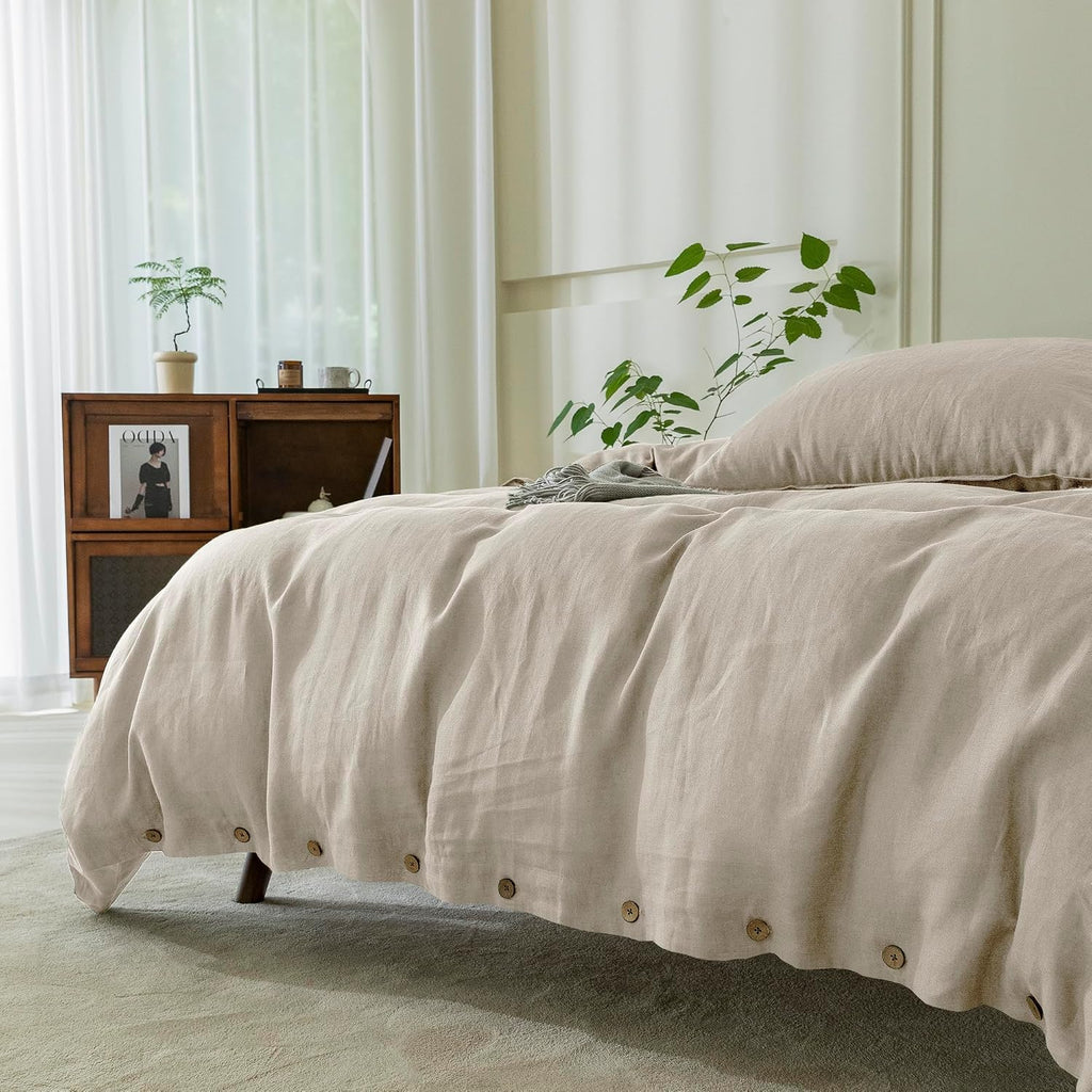100% Pure Linen Duvet Cover Set King Size 104X90 Inch 3 Pieces (1 Duvet Cover, 2 Pillowcases) Soft and Breathable for All Season with Coconut Button Closure, Suitable for Hot Sleepers