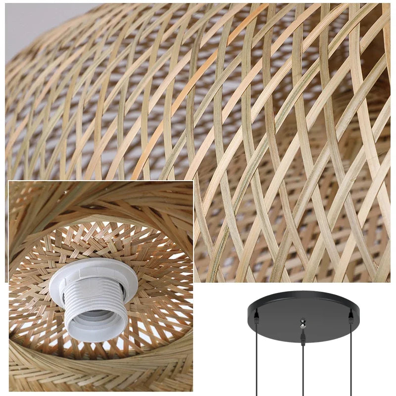 3 Pcs Lustre Rattan Wicker Lamp Shade Pendant Light Bamboo Ceiling Chandelier Set Suspended Luminaire Handmade Home Room Decor