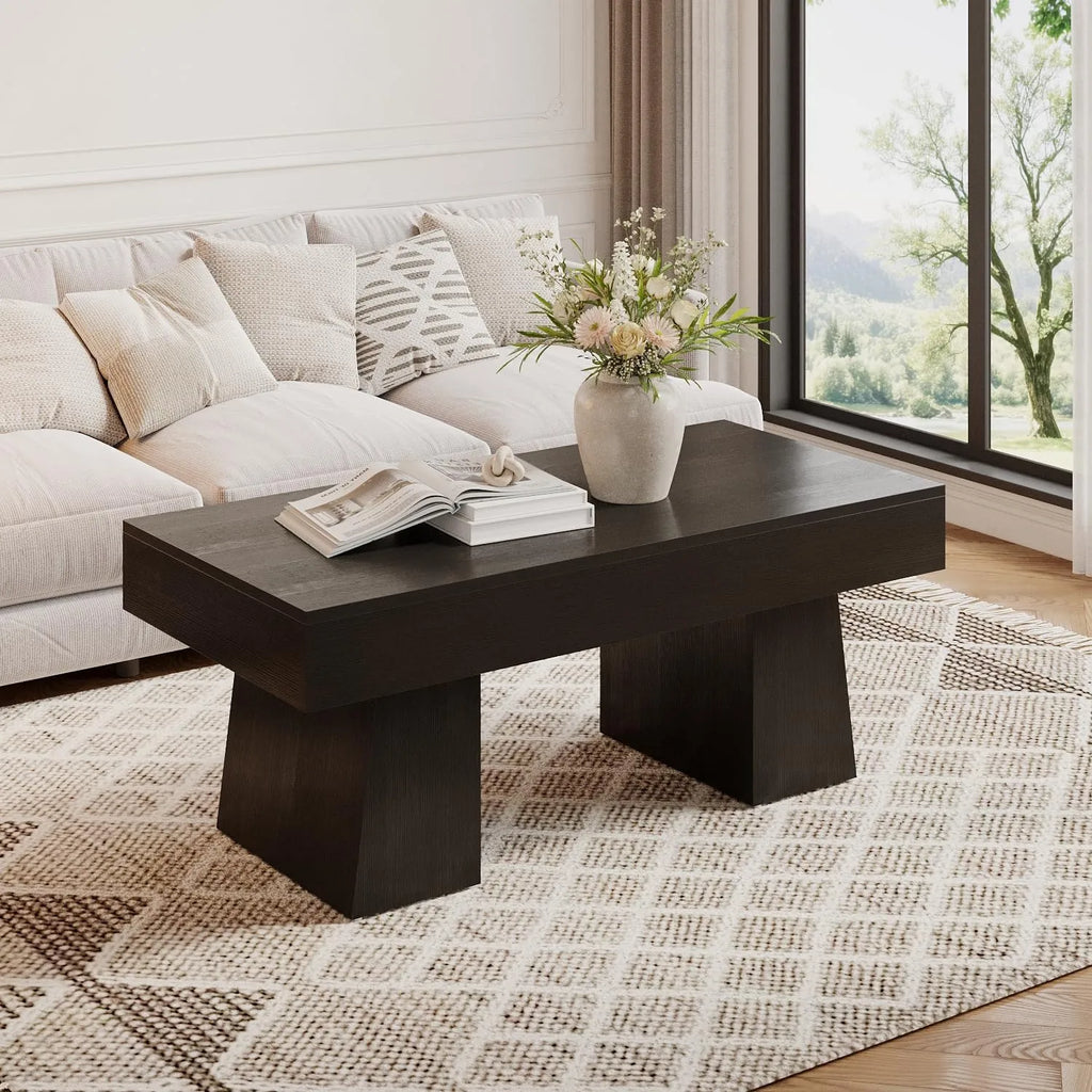 Vintage Coffee Table, 120Cm Wooden Accent Center Tables with Thick Base, Modern Low Cocktail Tea Furniture For
