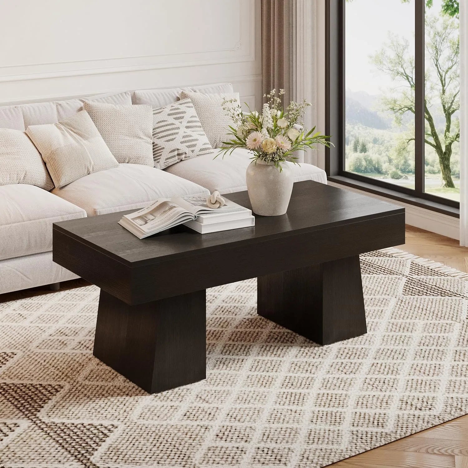 Vintage Coffee Table, 120Cm Wooden Accent Center Tables with Thick Base, Modern Low Cocktail Tea Furniture For