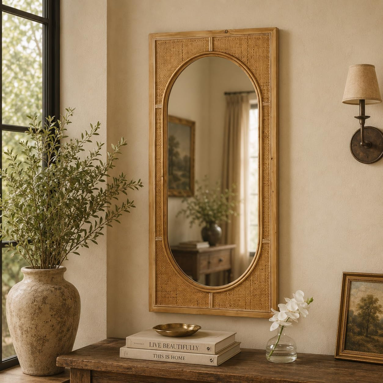 Deco 79 Rattan Room Wall Mirror Entryway Mirror with Oval Center, Wall Mounted Mirror 22" X 1" X 42", Brown