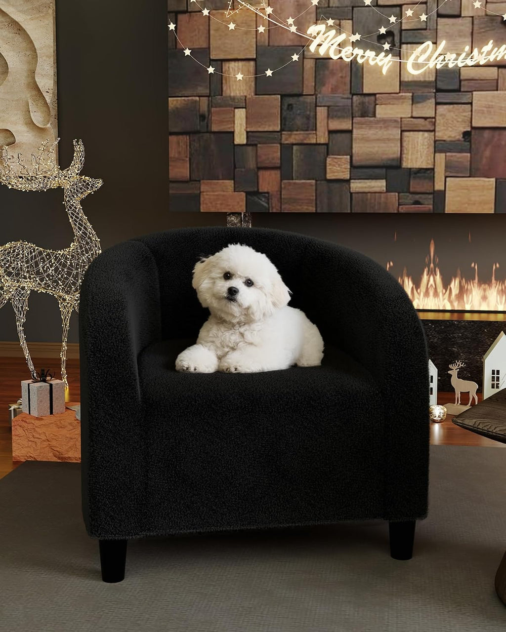 Accent Chair, Boucle Fabric Barrel Chairs, Comfy round Club Armchair with Soft Cushion for Living Room, Bedroom, Reading, Waiting Room, Black