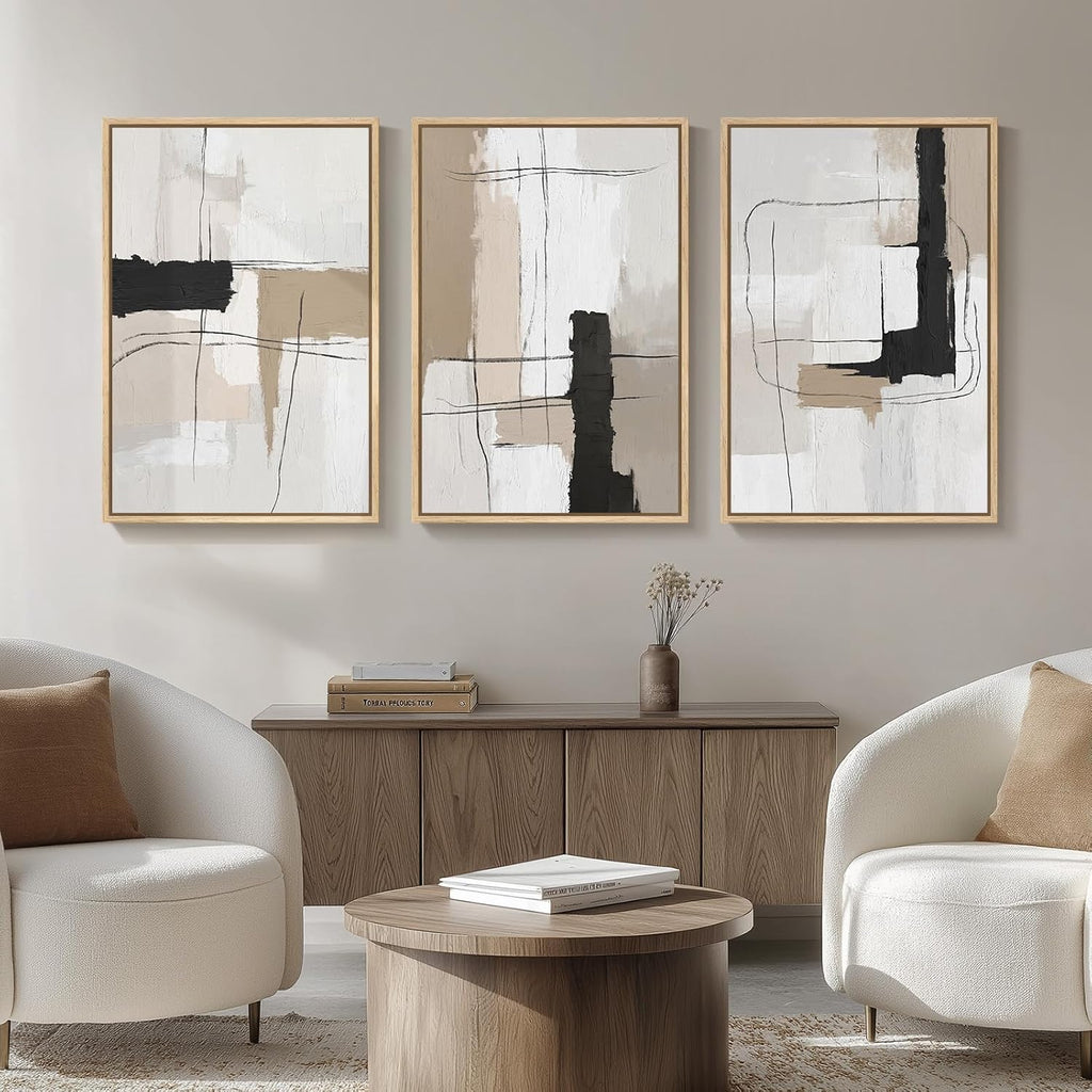 Large Framed Abstract Wall Art, Black and White Beige, 20X30 In, Set of 3 | Neutral Modern Pictures, Canvas Prints, Wood Frame, Minimalist Paintings, Wall Decor for Living Room Bedroom Dining Room