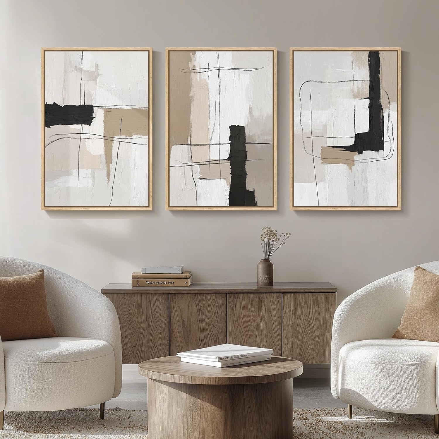 Large Framed Abstract Wall Art, Black and White Beige, 20X30 In, Set of 3 | Neutral Modern Pictures, Canvas Prints, Wood Frame, Minimalist Paintings, Wall Decor for Living Room Bedroom Dining Room