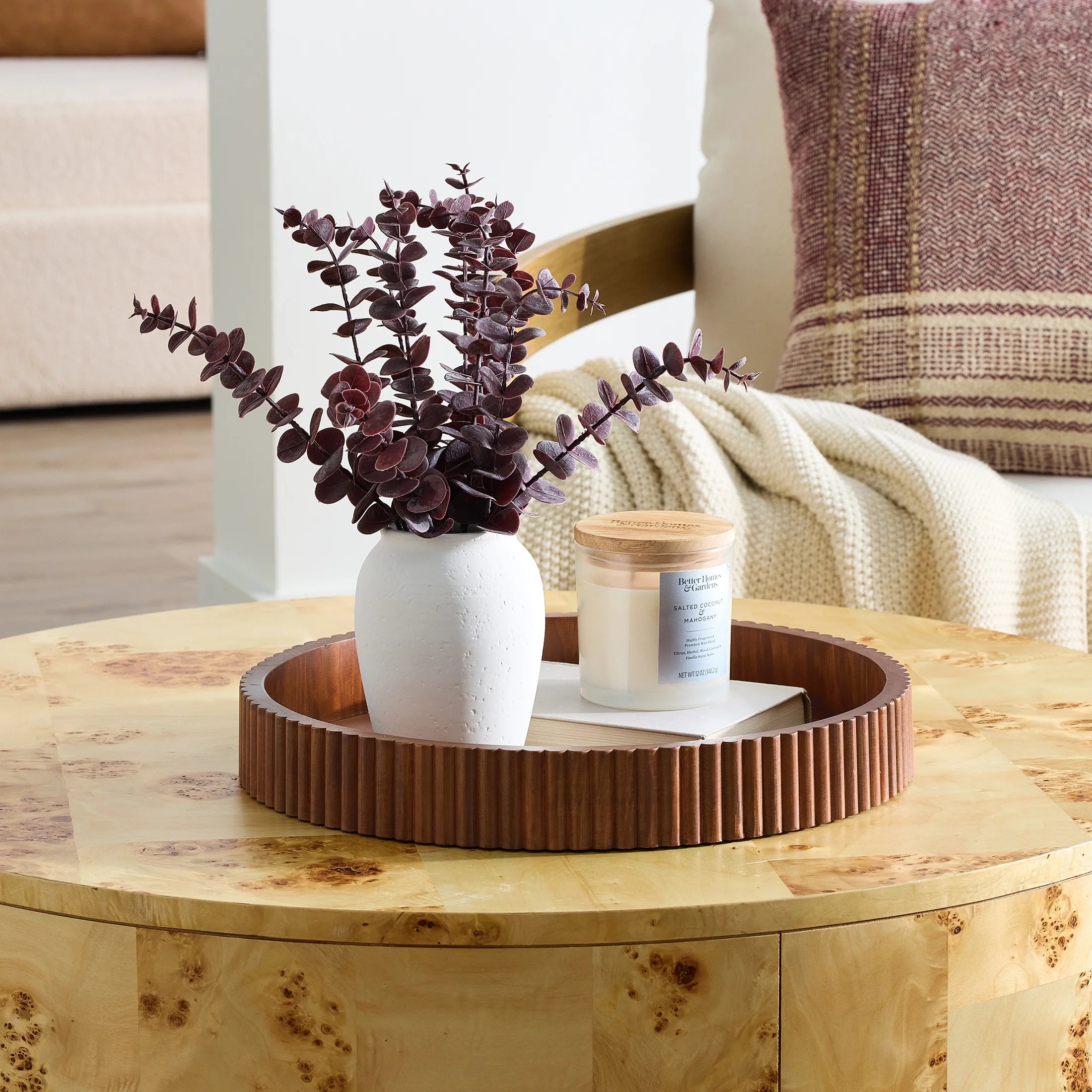 Ribbed Wood Decorative Tray, Walnut Finish, 16.4"