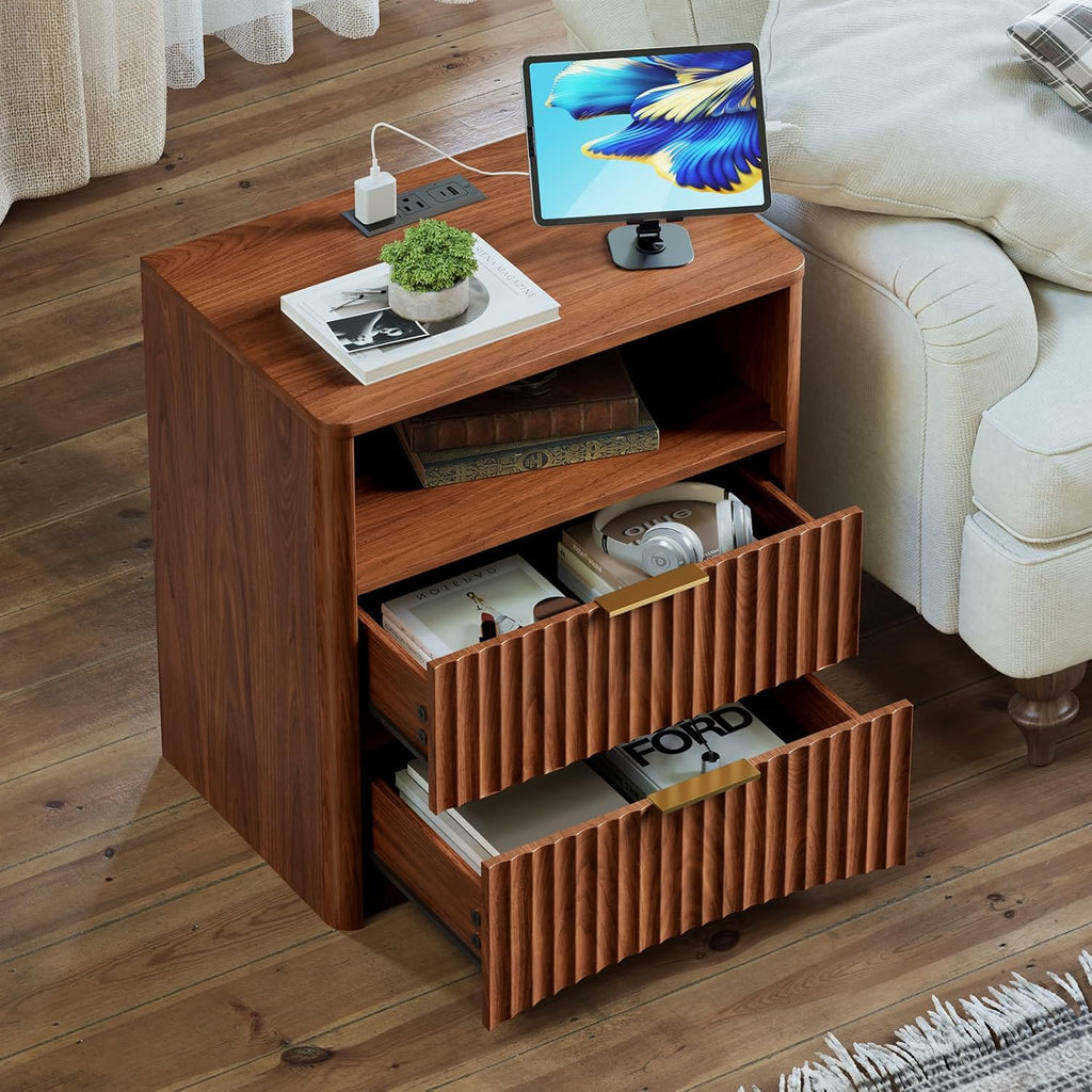 Fluted Nightstand with Charging Station and 2 Drawers, Walnut | Mid Century Modern End Table with Drawer and Storage, Large Wood Night Stand for Bedroom, Living Room, Apartment