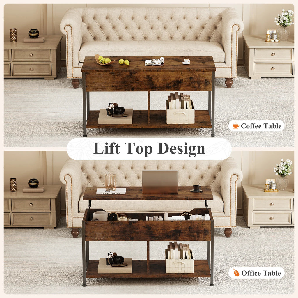 39IN Lift Top Coffee Table with Storage for Living Room Wood Adjustable 2 Shelves Easy Lift or Lower for Tea Dining Tables