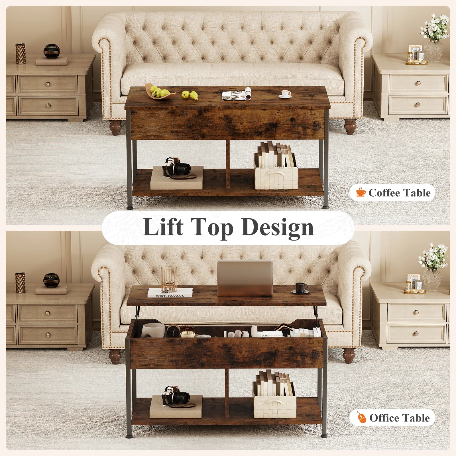 39IN Lift Top Coffee Table with Storage for Living Room Wood Adjustable 2 Shelves Easy Lift or Lower for Tea Dining Tables