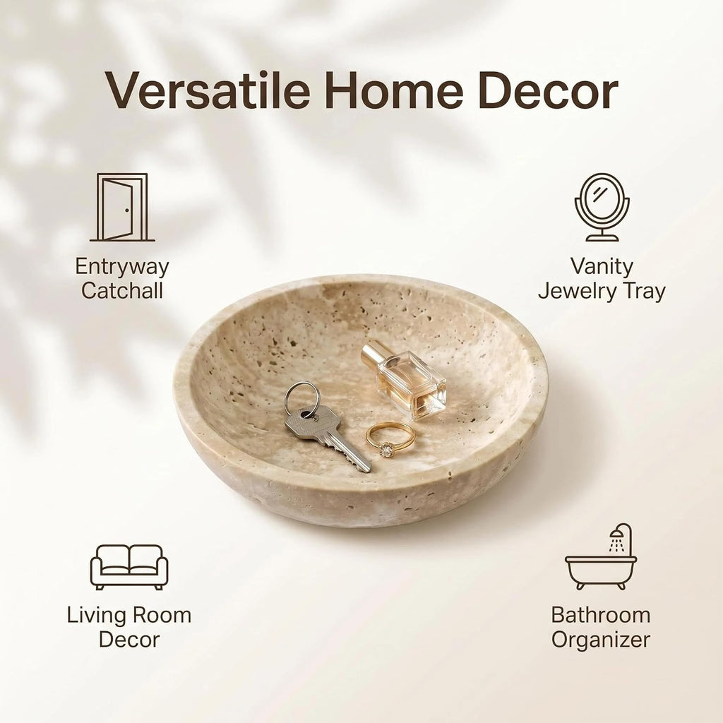 7.87" Natural Travertine Stone Decorative Bowl,Beige, Limestone | Marble Bowl (Decorative Bowl) Functions as Fruit Bowl & Key Bowl; Smooth Beige Finish; for Coffee Table & Kitchen Counter