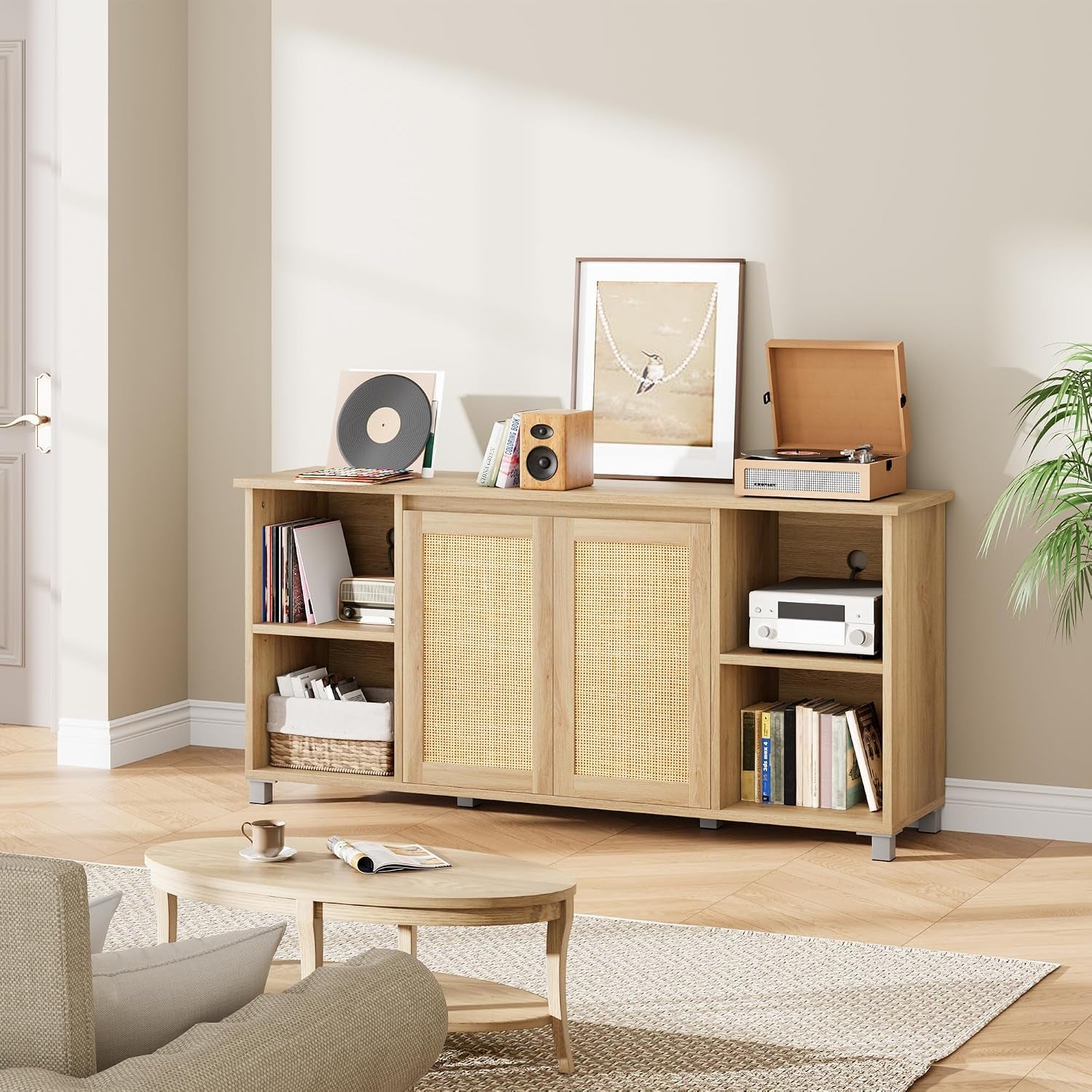 Rattan TV Stand for 65" Tvs, Natural Oak Media Console | Storage Cabinet & Adjustable Shelves, Boho Media Console, Natural Oak Finish, Rattan Doors, Living Room Bedroom