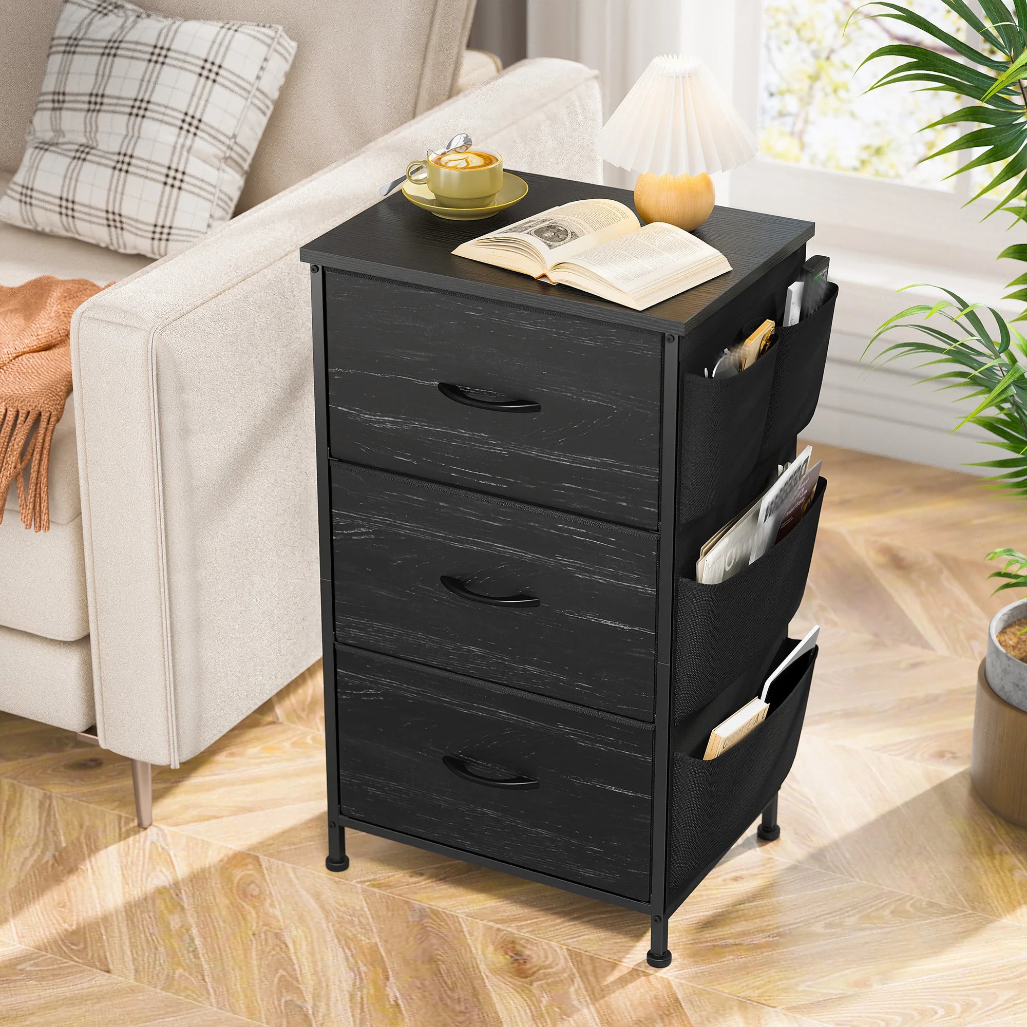 Set of 2 Nightstands, Metal Wood Storage Dresser with 3 Fabric Drawers & Side Storage Pockets for Bedroom, Closet, Hallway, Entryway