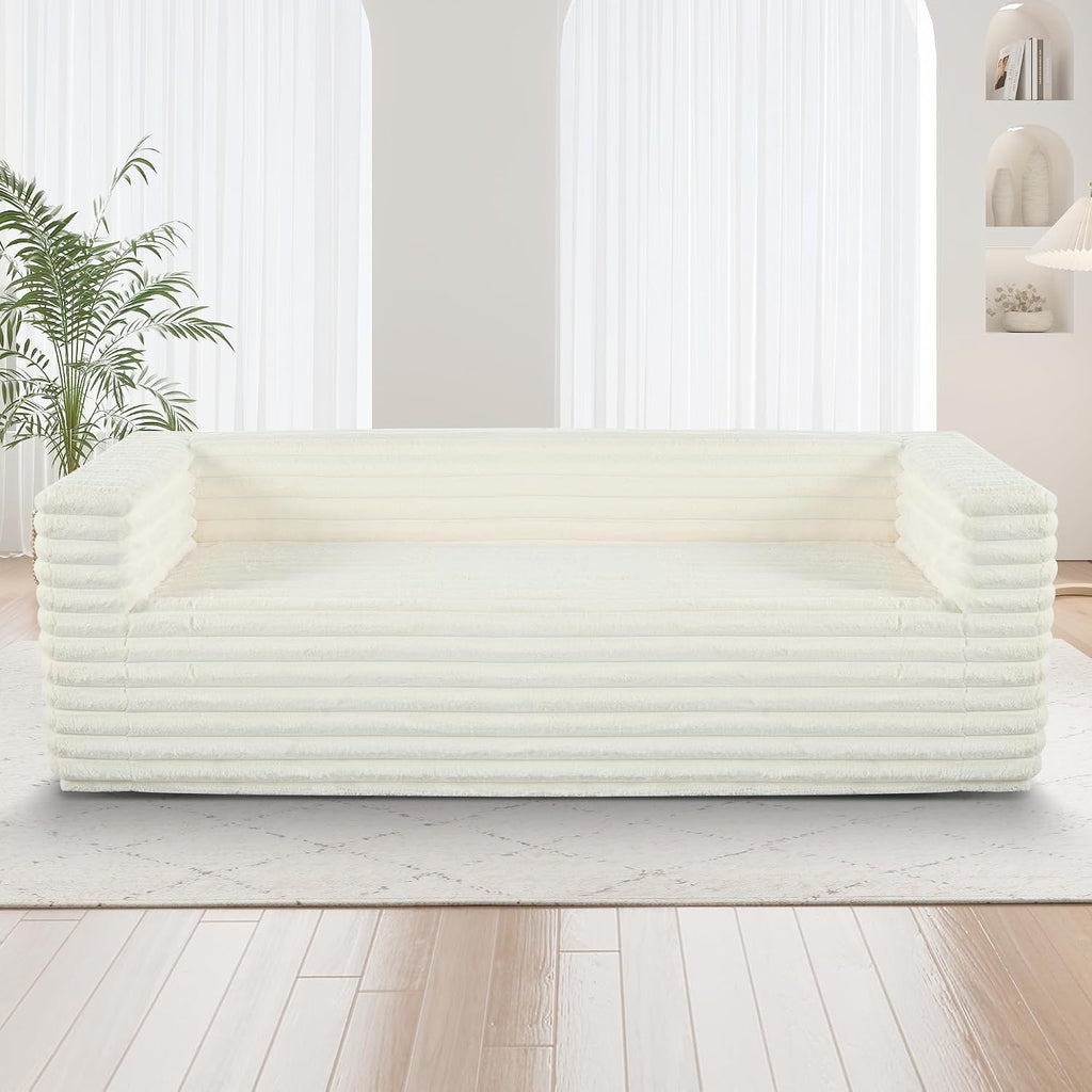 89" Luxury Oversized Corduroy Cloud Sofa with Squared Arm and Back Cushion, Modern Style 3-Seater Upholstery Plush Couch, No Assembly Required, for Living Room, Bedroom, Apartment, Beige