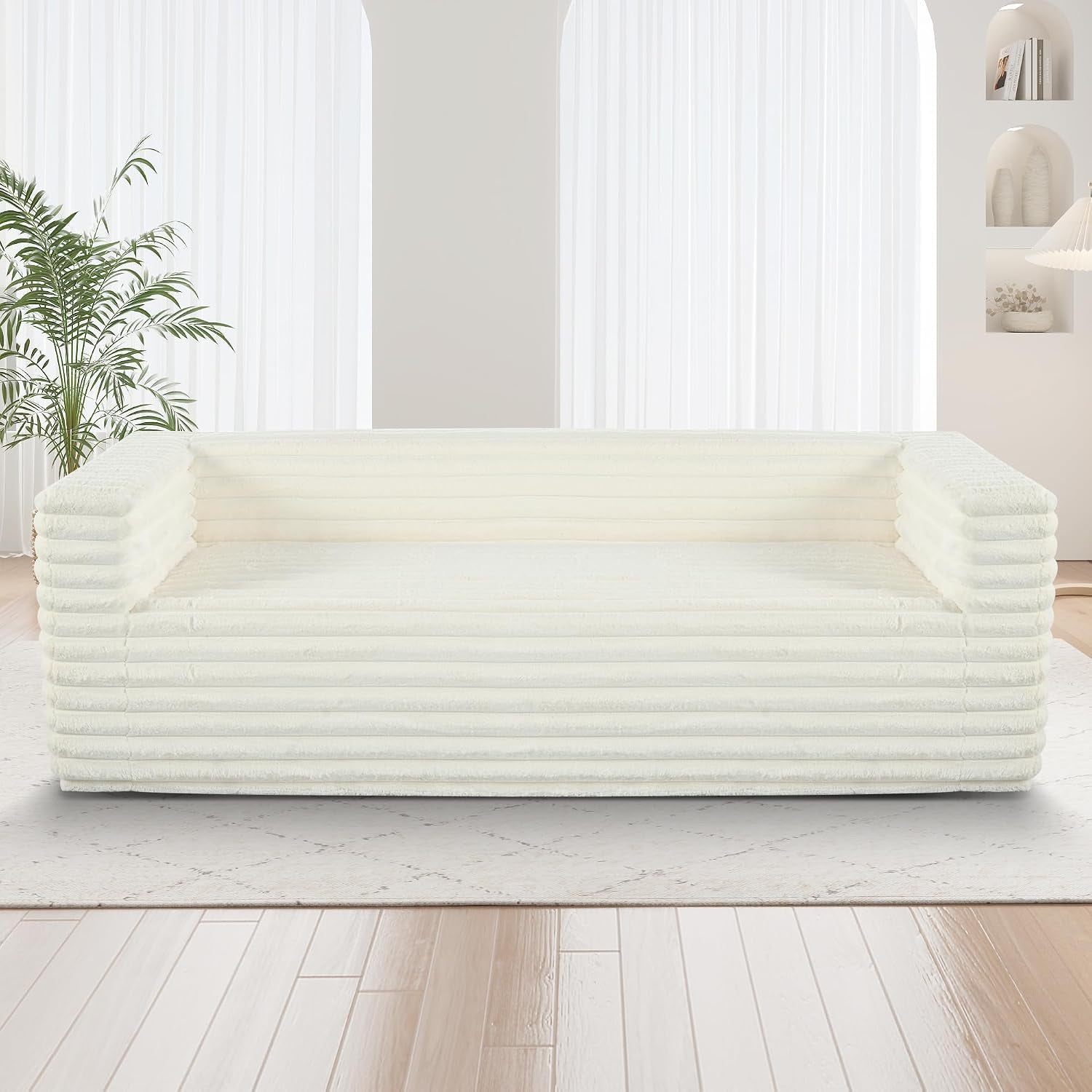 89" Luxury Oversized Corduroy Cloud Sofa with Squared Arm and Back Cushion, Modern Style 3-Seater Upholstery Plush Couch, No Assembly Required, for Living Room, Bedroom, Apartment, Beige