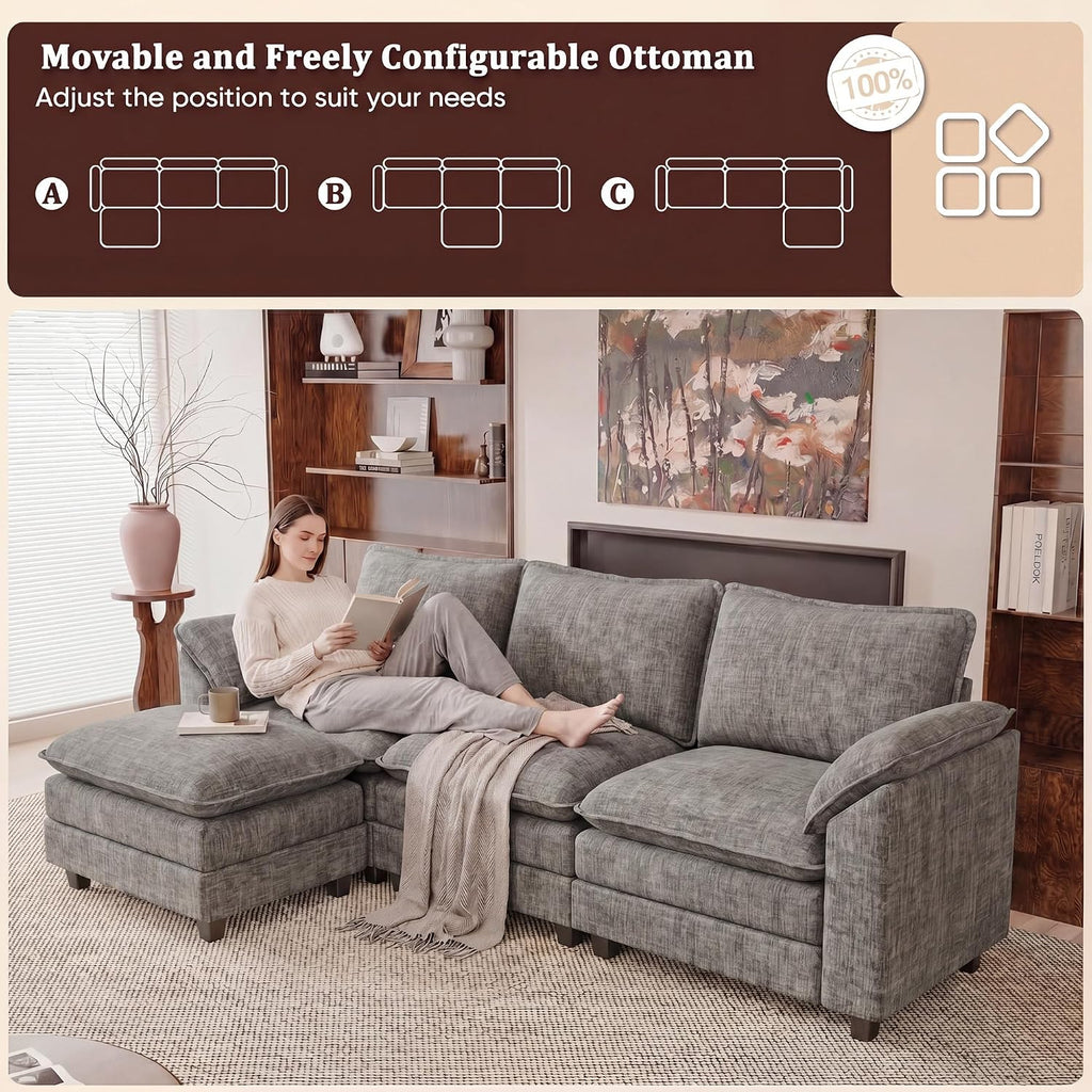 118.9" L Shaped Sectional Couch, Modular Cloud Sofa, Light Grey | Comfy Chenille, Movable Ottoman, Deep Seat, Double Layer Cushion, 3 Seat, High-Density Foam, for Living Room