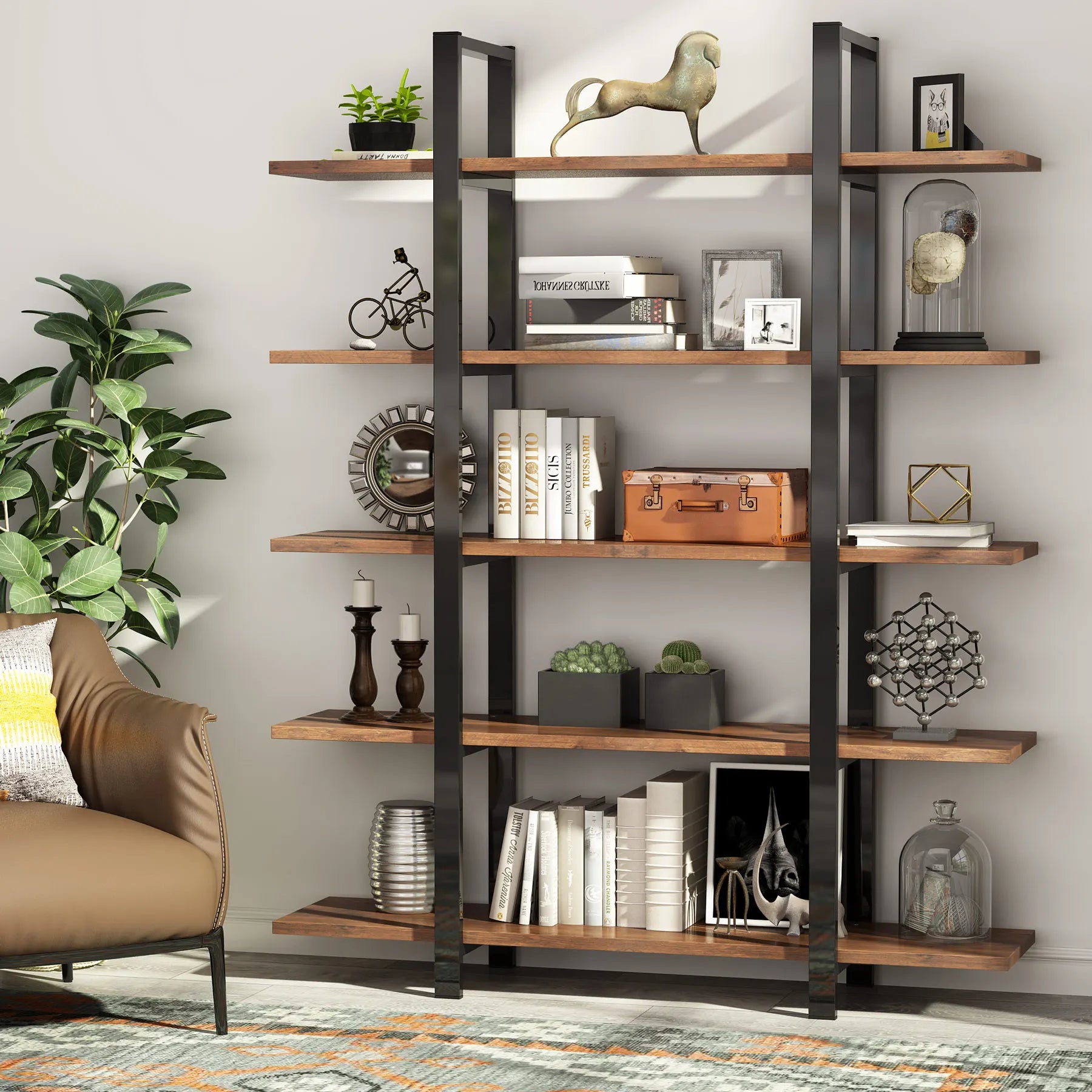 Industrial Bookshelf, Tall Bookcase with Open Shelves, Wood and Metal Display Shelf Storage Shelves