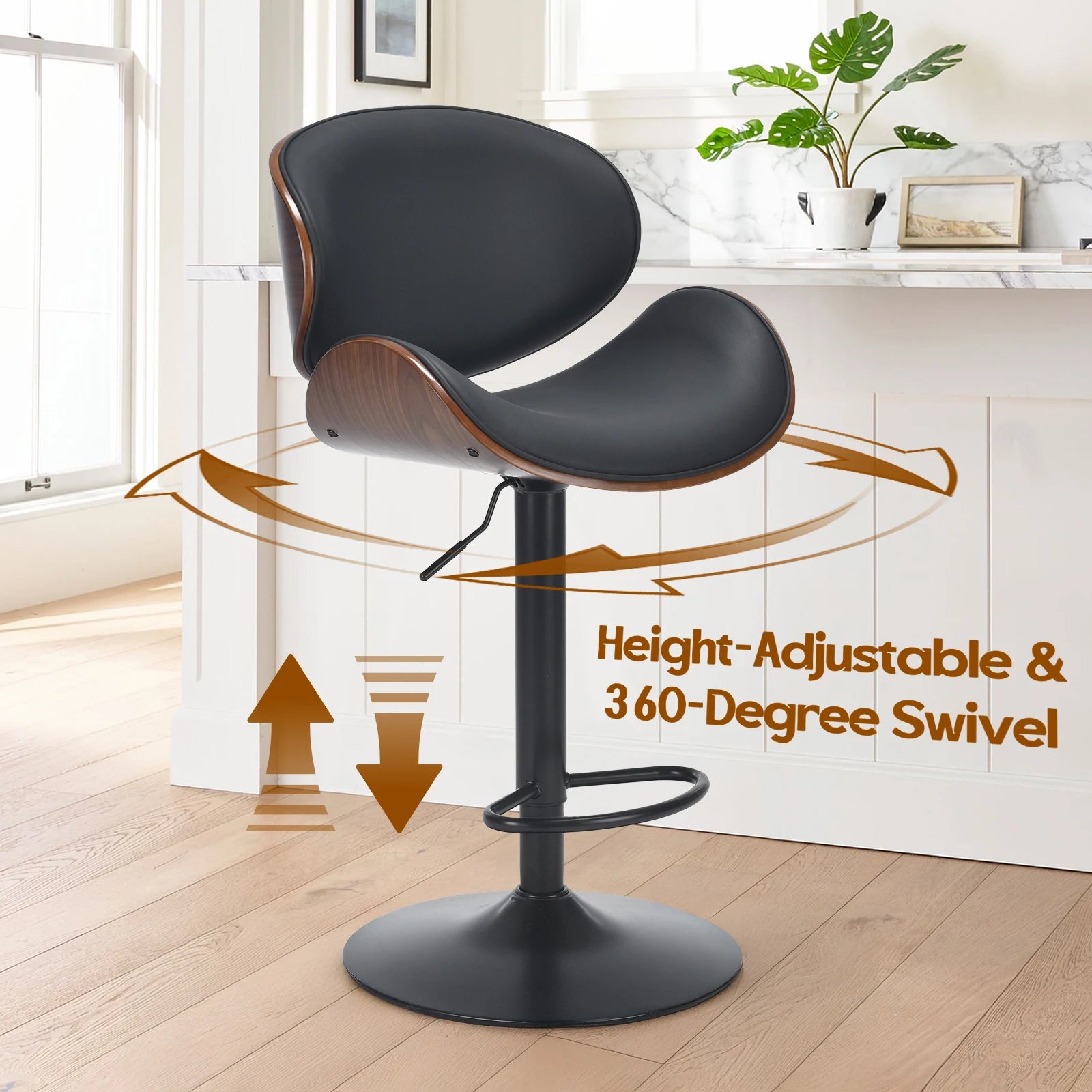 Set of 2 Swivel Bar Stools, Adjustable Height Bentwood Barstools with Backrest & Footrest, Modern Kitchen Counter Chair for Home Bar, Island