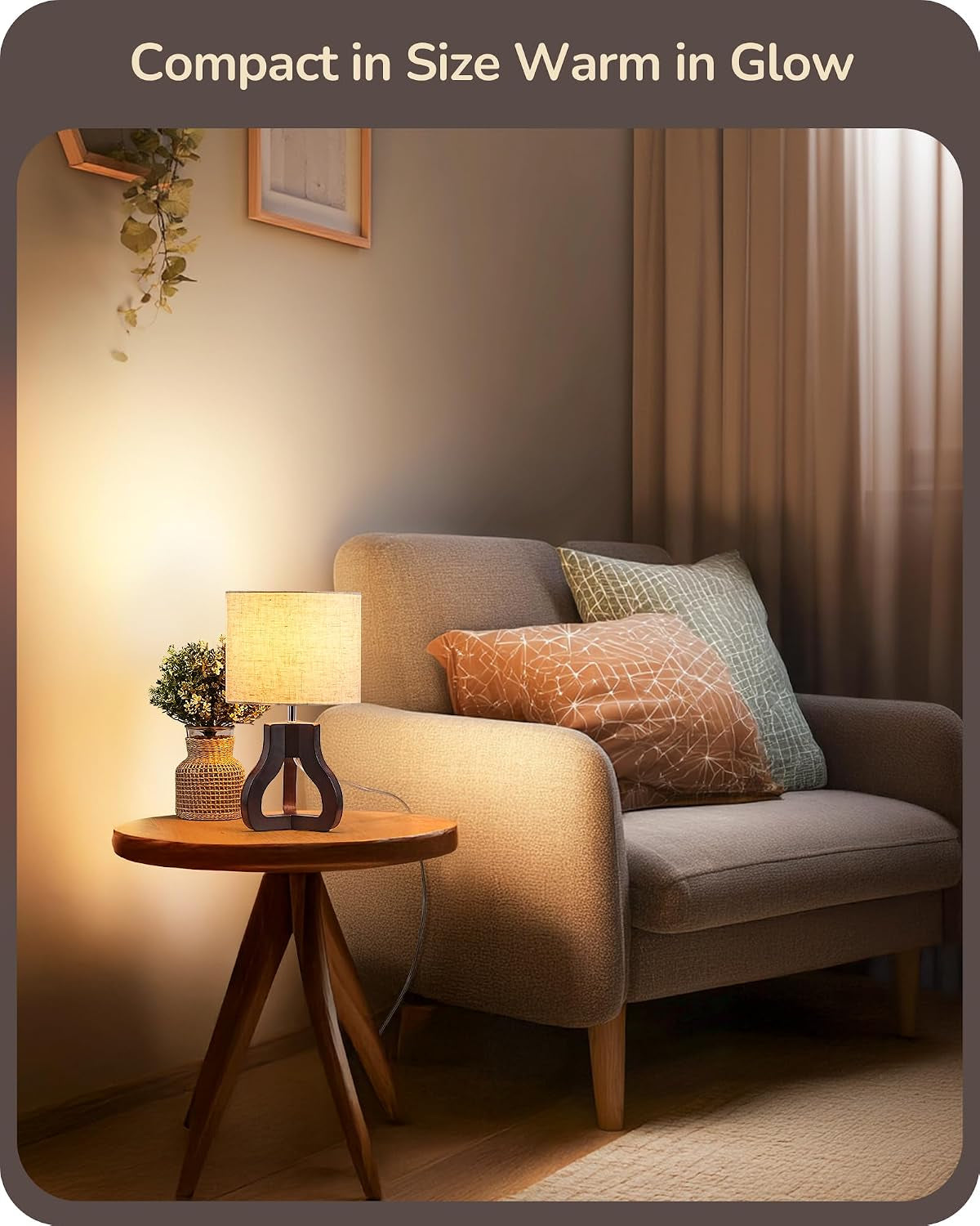 14.6" Small Table Lamp, Walnut Wood Nightstand Lamp, E26 Base | Beige Linen Shade, On-Off Line Switch, Tripod Base, Cute Bedside Lamp for Living Room, Bedroom, Office