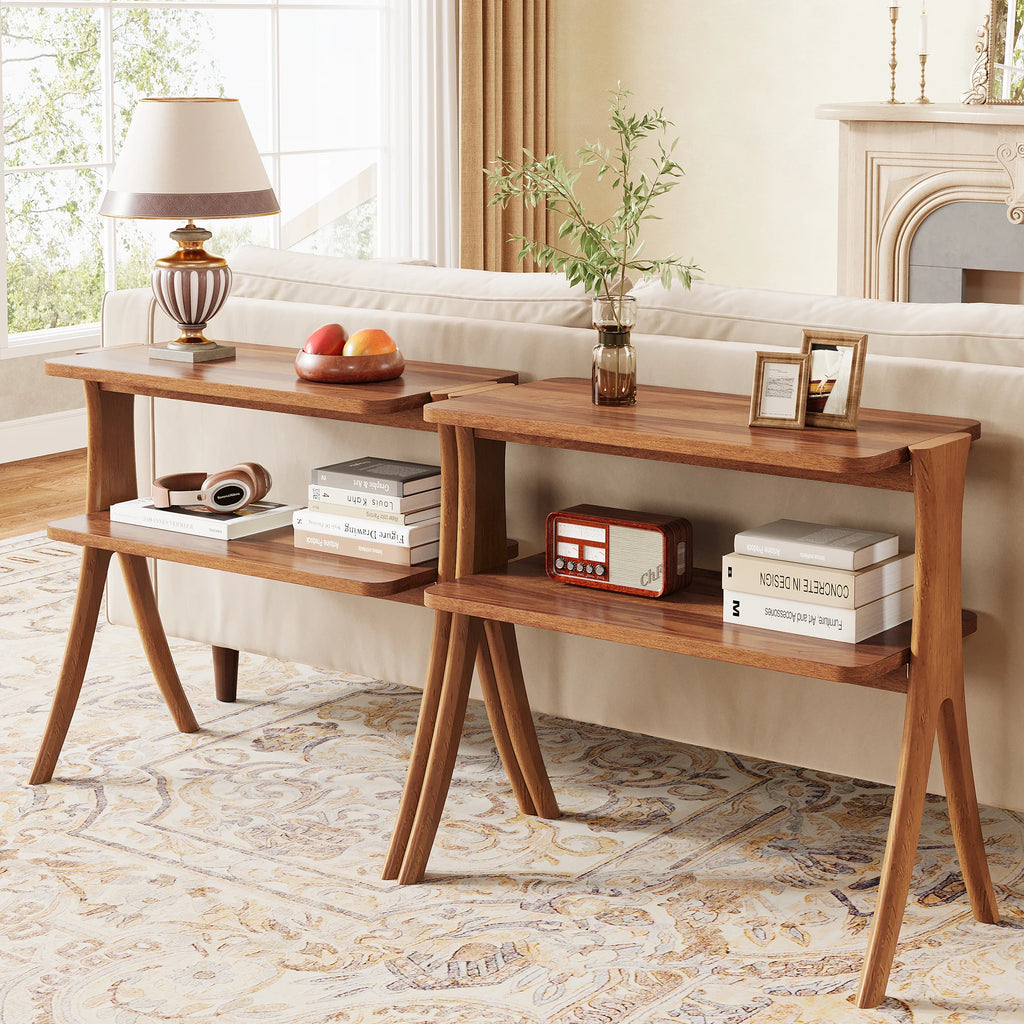 Walnut Side Table for Living Room, Narrow End Table with 2-Tier Storage Shelf and Solid Wood Legs, Slim Bedside Table
