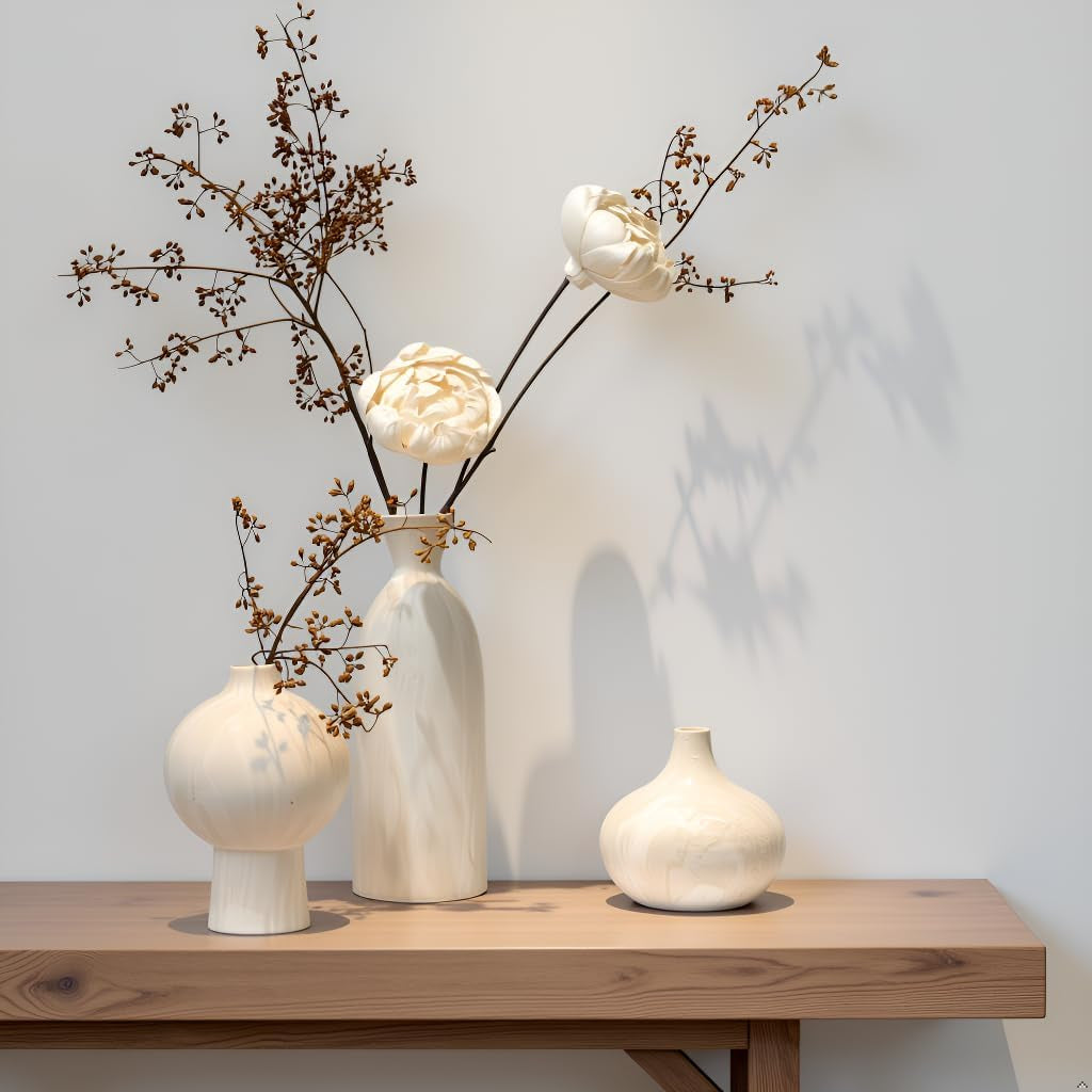 White Ceramic Vase Set of 3, Modern Organic Home Decor | Aged-Stone Texture, Sculptural Silhouettes, Effortless Neutral Styling, Display Together or Separately on Shelves and Mantels
