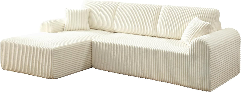 109-Inch L-Shaped Left Facing Boneless Corner Sofa 2 PCS Modular Sectional Cloud Sofa Couch with Chaise Lounge and Toss Pillow, Corduroy Boneless L-Shaped Couches
