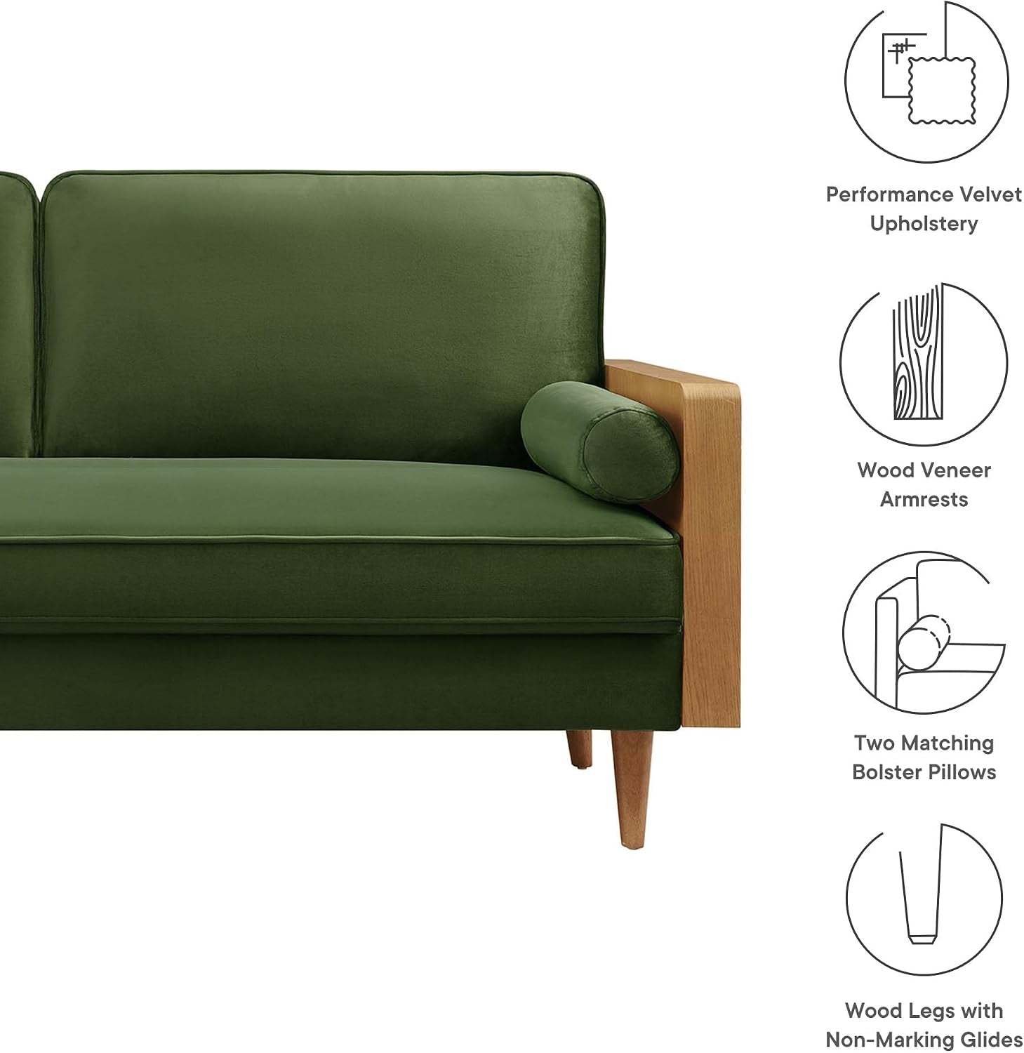 Kellan 72 Inch Velvet Sofa in Walnut Moss Green