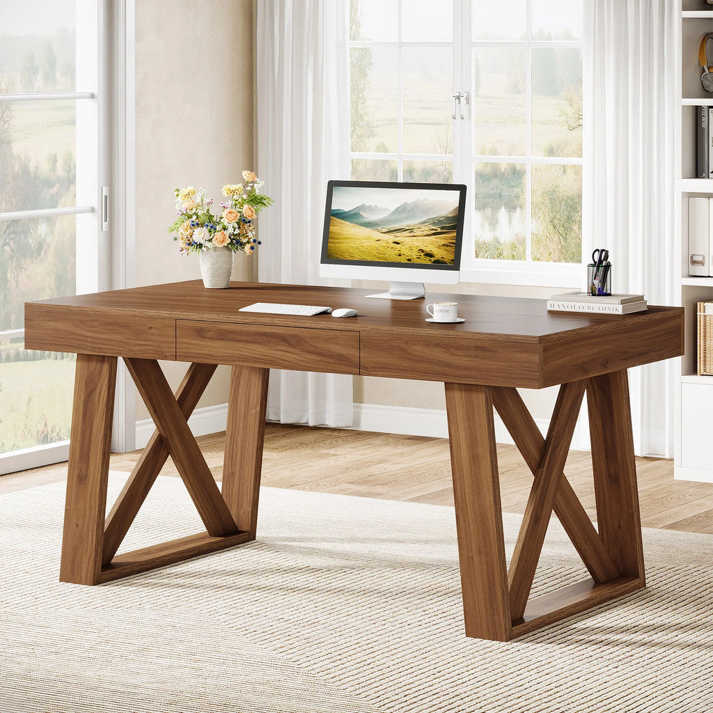 55 Inch Walnut Computer Desk with Drawer, Mid-Century Farmhouse Executive Desk, Rustic Wide Desktop Home Office Desk for Workstation