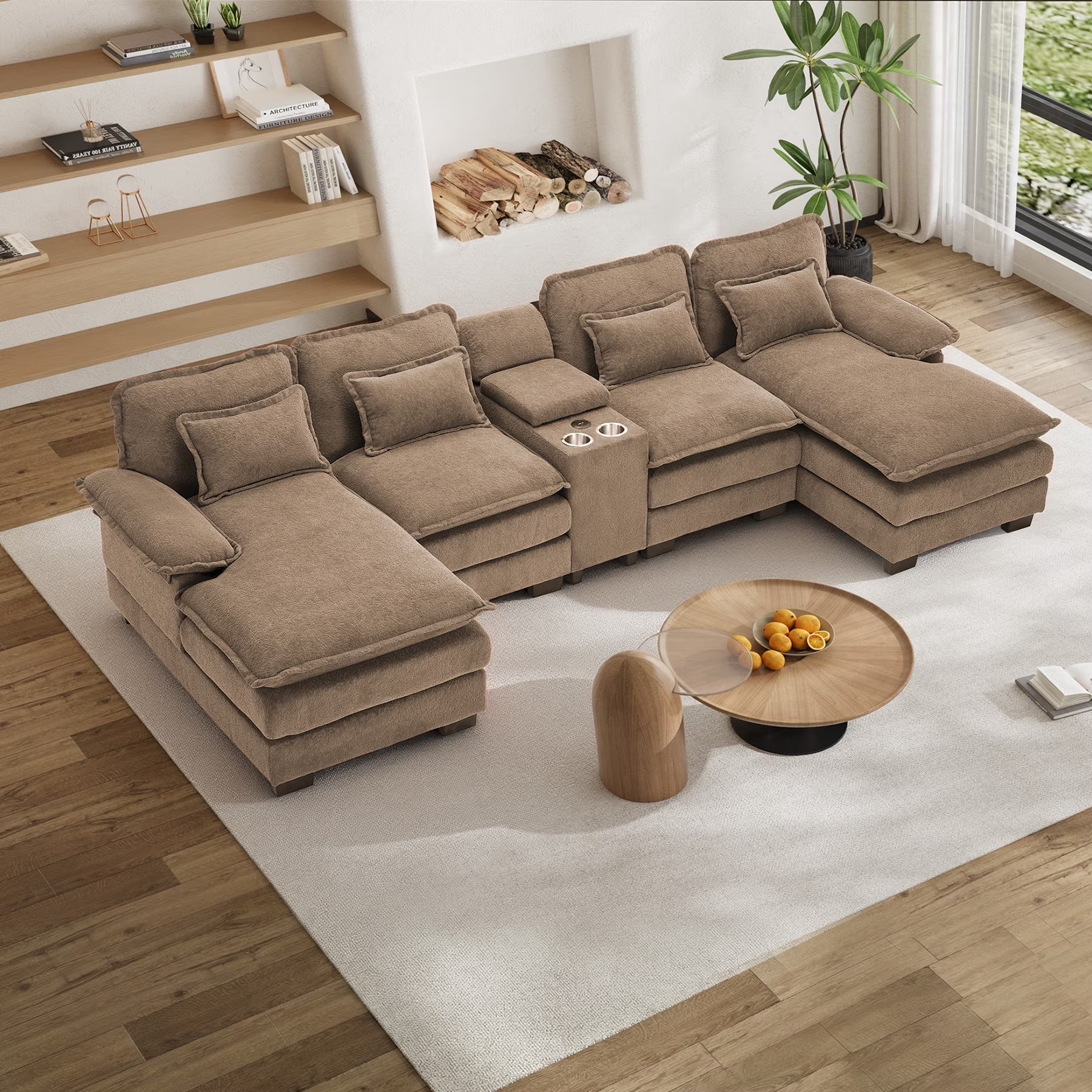 133" U Shaped Cloud Couch Modular Sectional Couches for Living Room Fluffy Chenille Deep Seat Sofa Set with Double Chaise Lounge, Storage Central Console, Cup Holders, USB Port, Light Brown