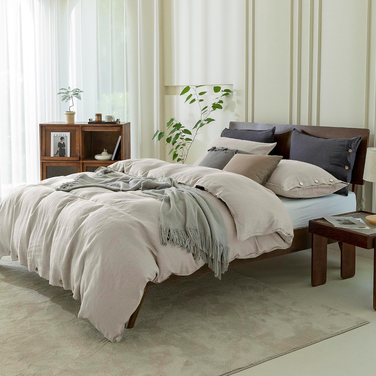 100% Pure Linen Duvet Cover Set King Size 104X90 Inch 3 Pieces (1 Duvet Cover, 2 Pillowcases) Soft and Breathable for All Season with Coconut Button Closure, Suitable for Hot Sleepers